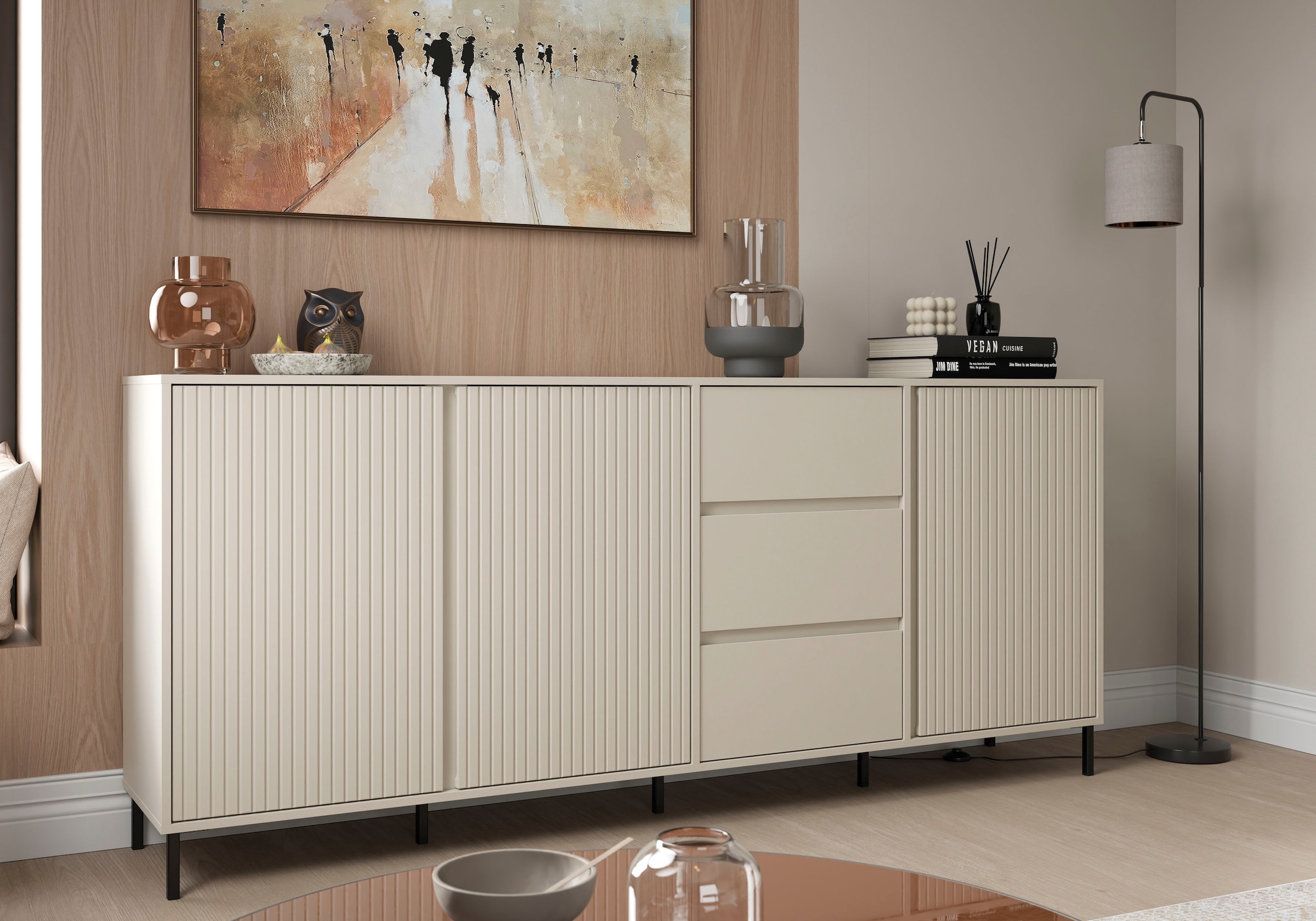 Home affaire Sideboard Sideboard mit Metallfüßen, Breite 212 cm, Fronten geriffelt