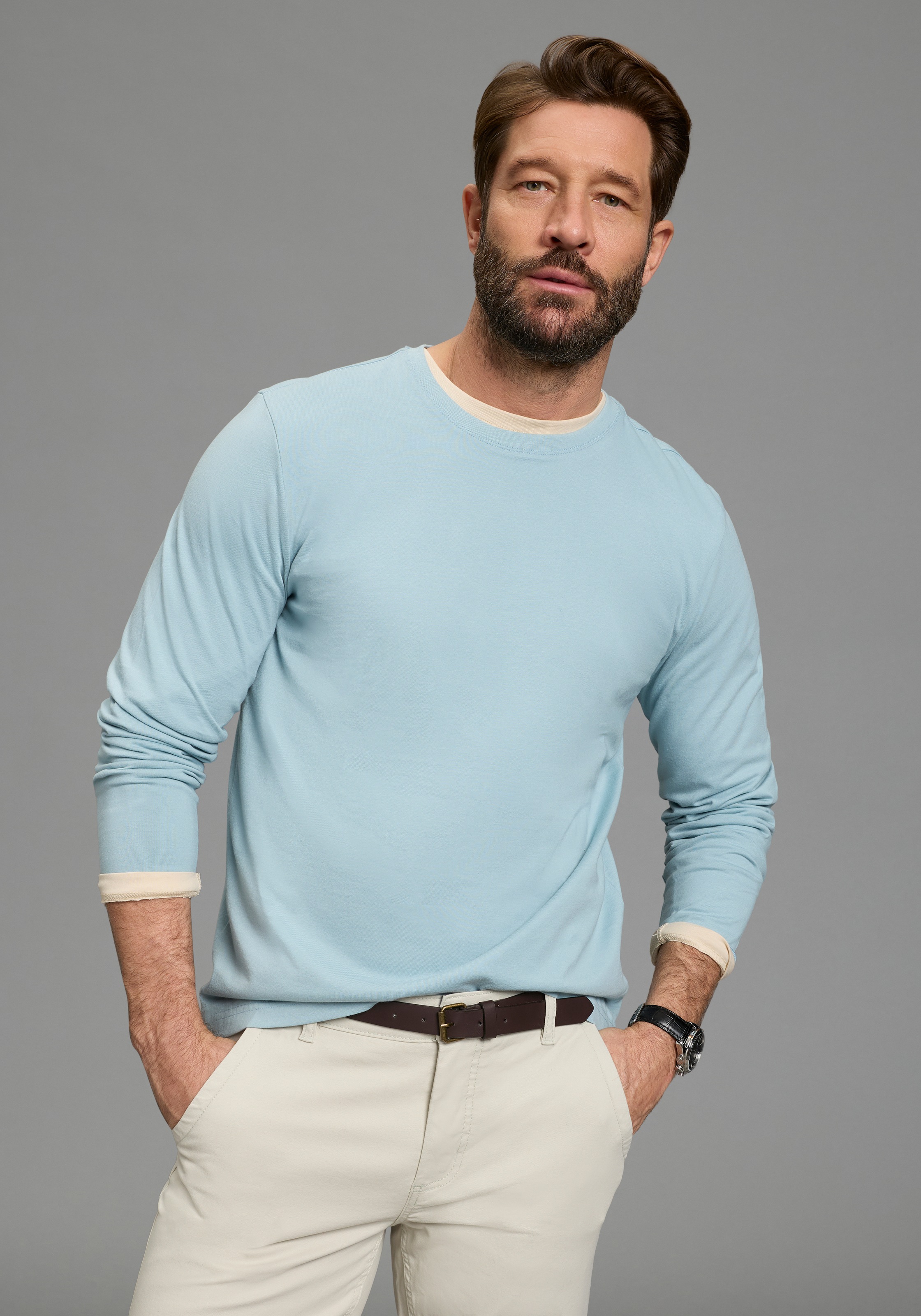 Mans World Langarmshirt "neue Farbe " 3er-Pack, Langarm, unifarben, aus Bau günstig online kaufen