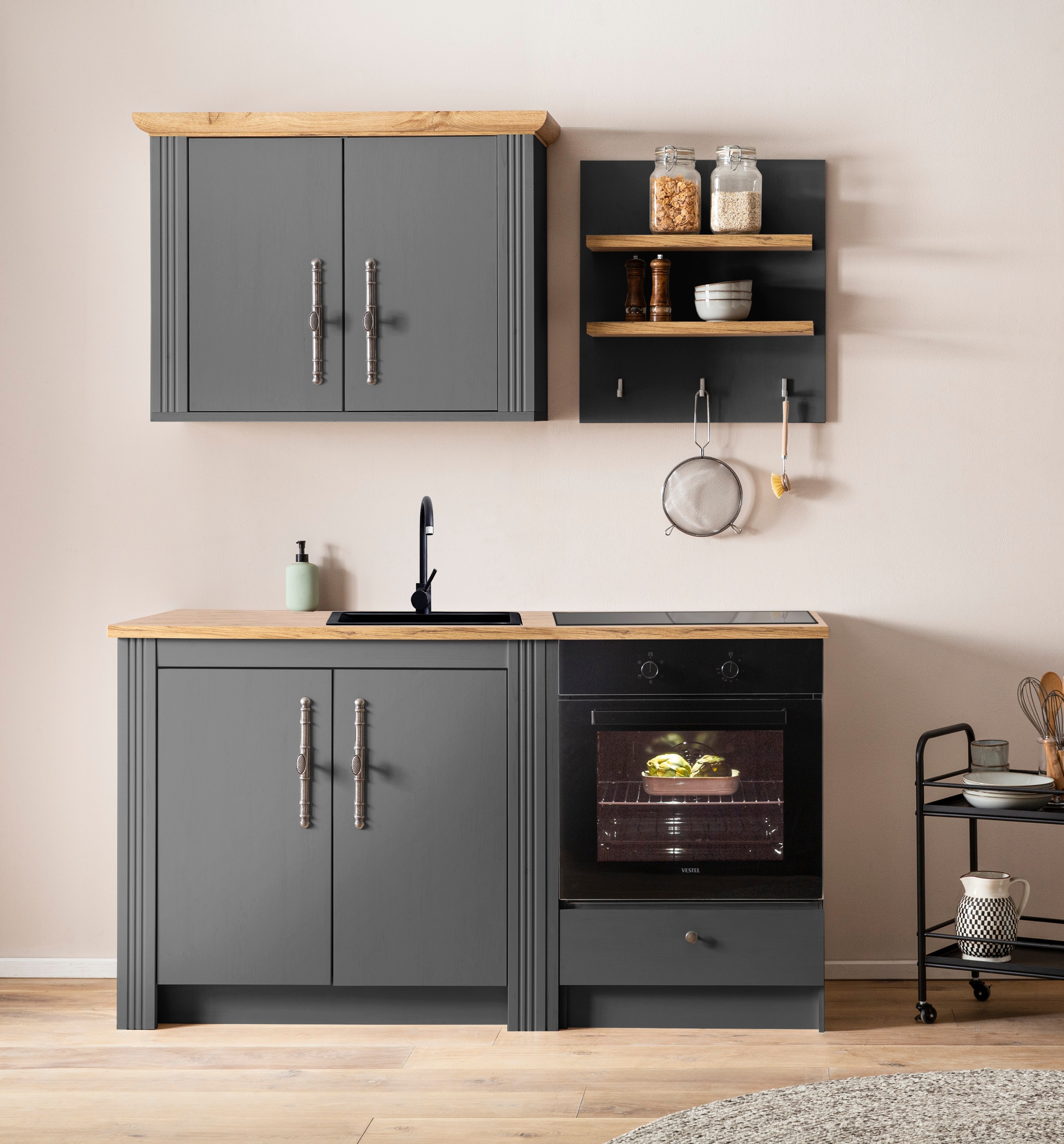 KOCHSTATION Küchenzeile »KS-Westminster, Pantryküche im Landhaus Stil, hochwertige Metallgriffe«, (Set), Breite 164 cm, Kommode, Wandpaneel, Hängeschrank und Herdumbau