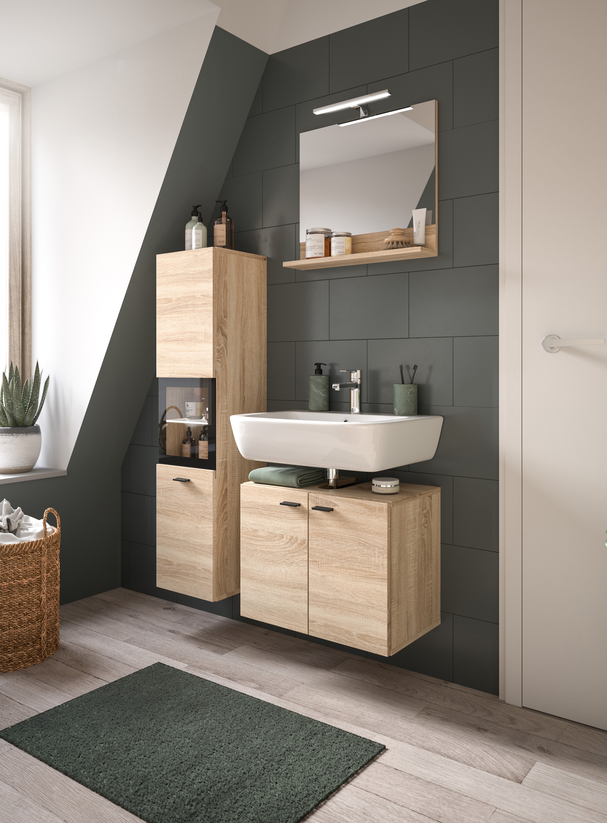 welltime Badmöbel-Set »Tampa, Breite 102cm, 3-teilig«, (3 St.), Waschbeckenunterschrank, Spiegel, Hochschrank
