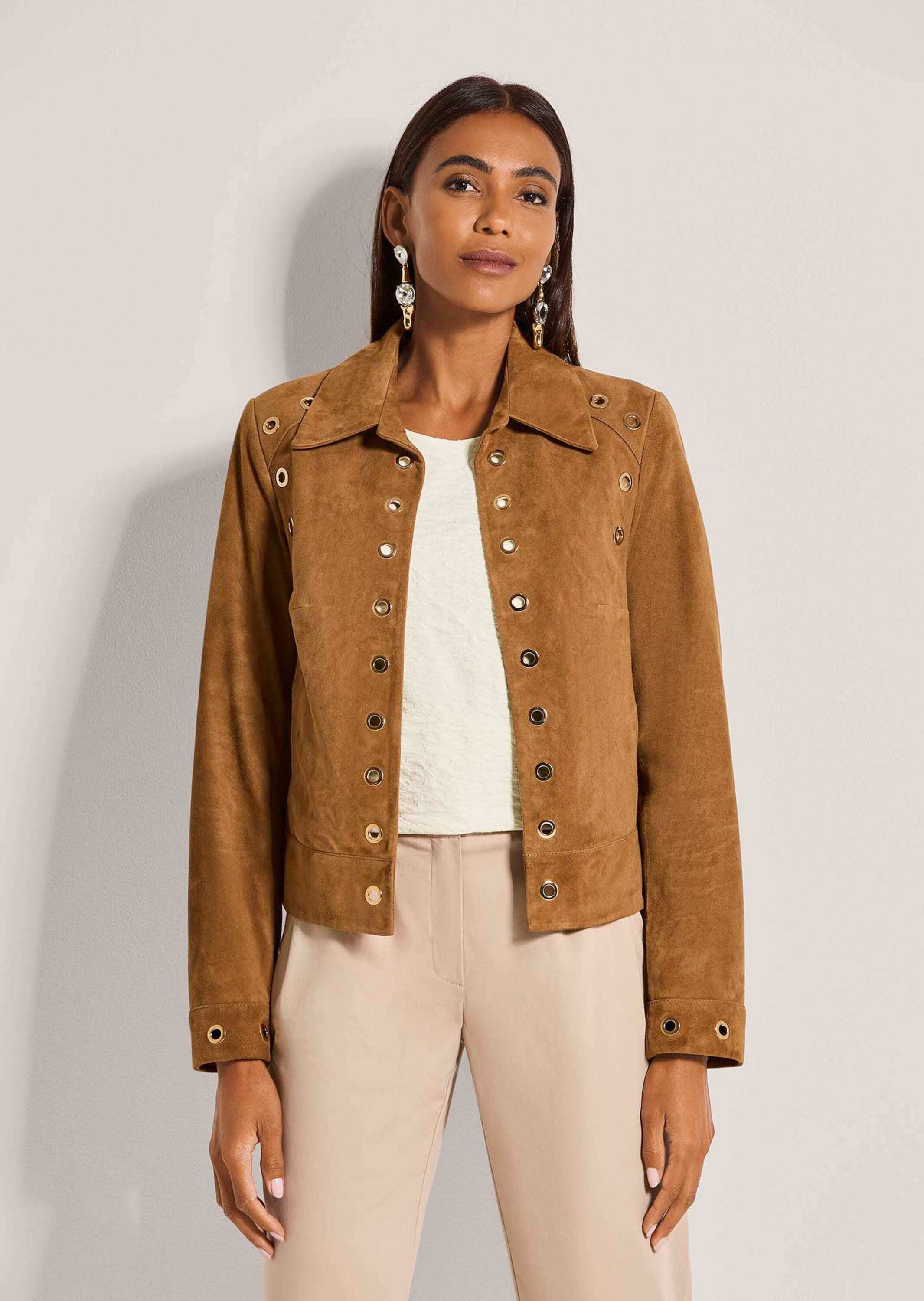 Thumbnail - MADELEINE Jeansjacke "Lederjacke Kurzjacke mit Ösendetails" Glänzende Ösendetails