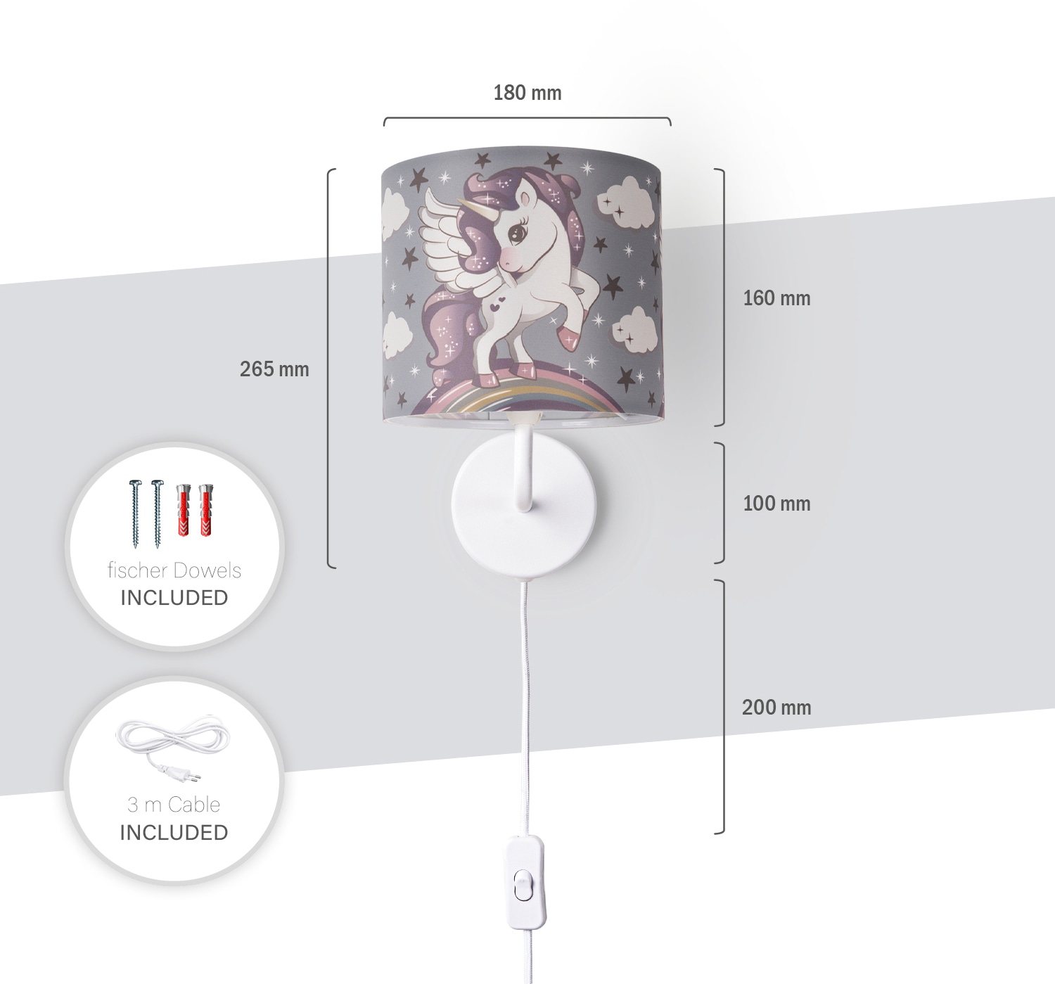Paco Home Wandleuchte »Cosmo 213«, 1 flammig, Leuchtmittel E14 | LED fest integriert, Kinderlampe Mit âˆ…18cm Einhorn Regenbogen Kabellänge 3m E14