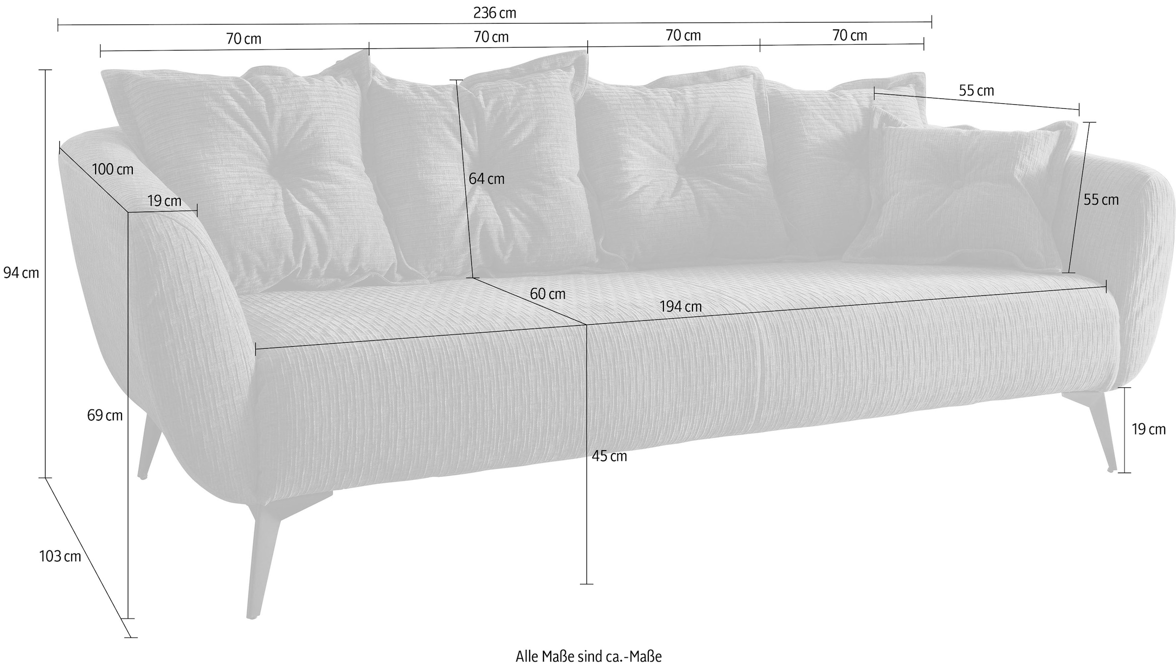 Home affaire 3-Sitzer »Baggio Breite 236 cm, modernes Sofa, hoher Fuß, bequem« schwarze Metallfüße