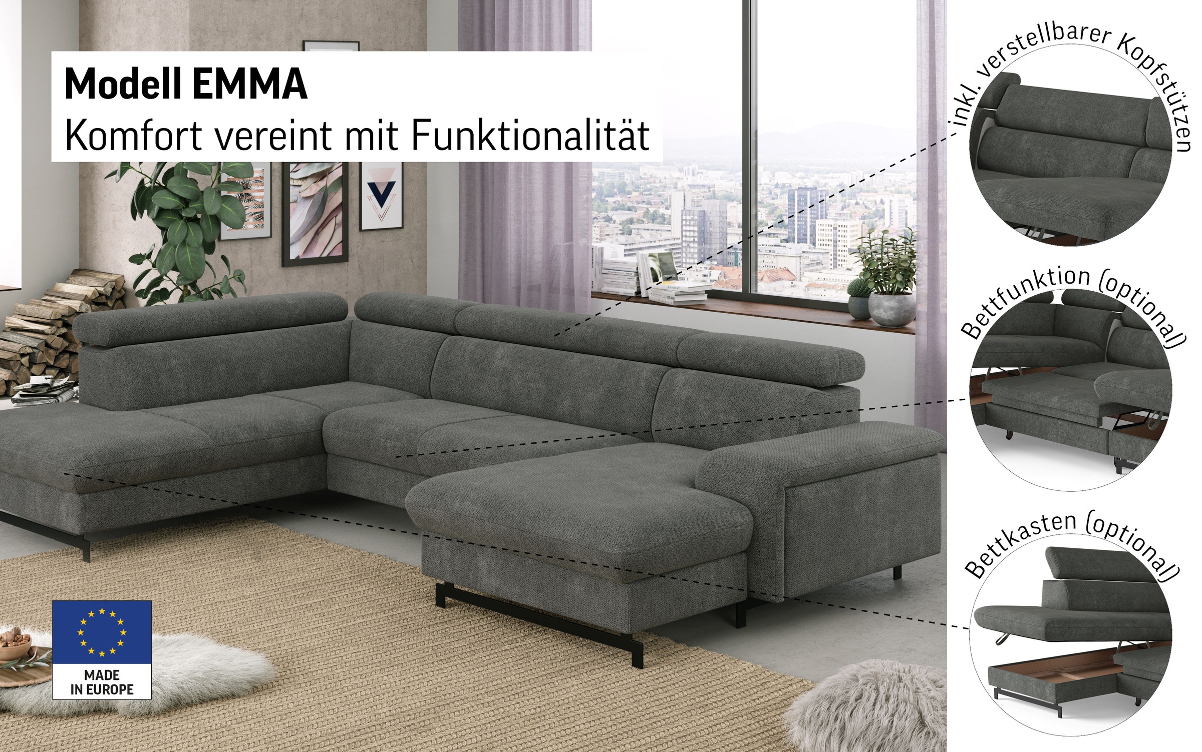 Thumbnail - COTTA Wohnlandschaft "Emma U-Form, B: 328 cm" mit Kopfteilverstellung, optional Bettfunktion & Bettkasten