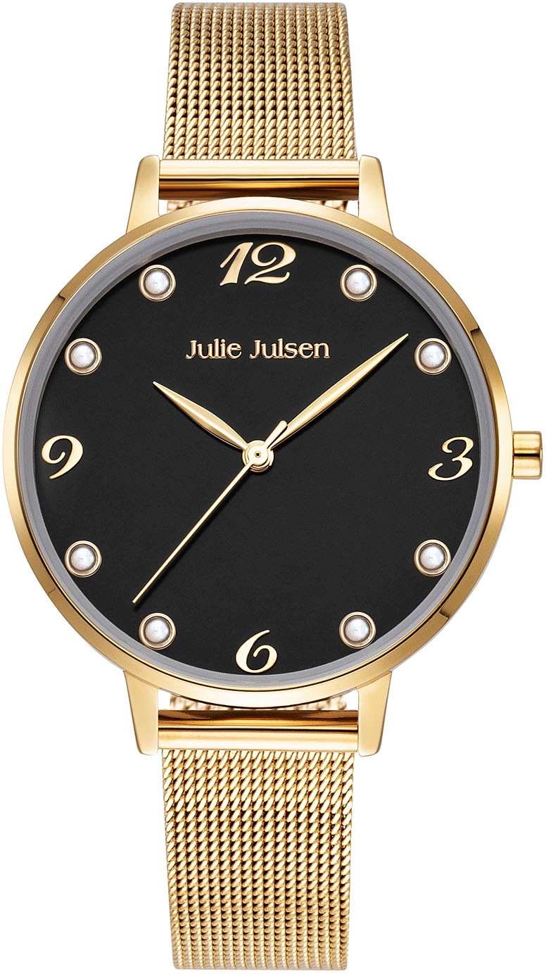 Julie Julsen Quarzuhr »Julie Julsen Pearl Gold Black, JJW1011YGME-S«, Armbanduhr, Damenuhr, Perlen, Mineralglas