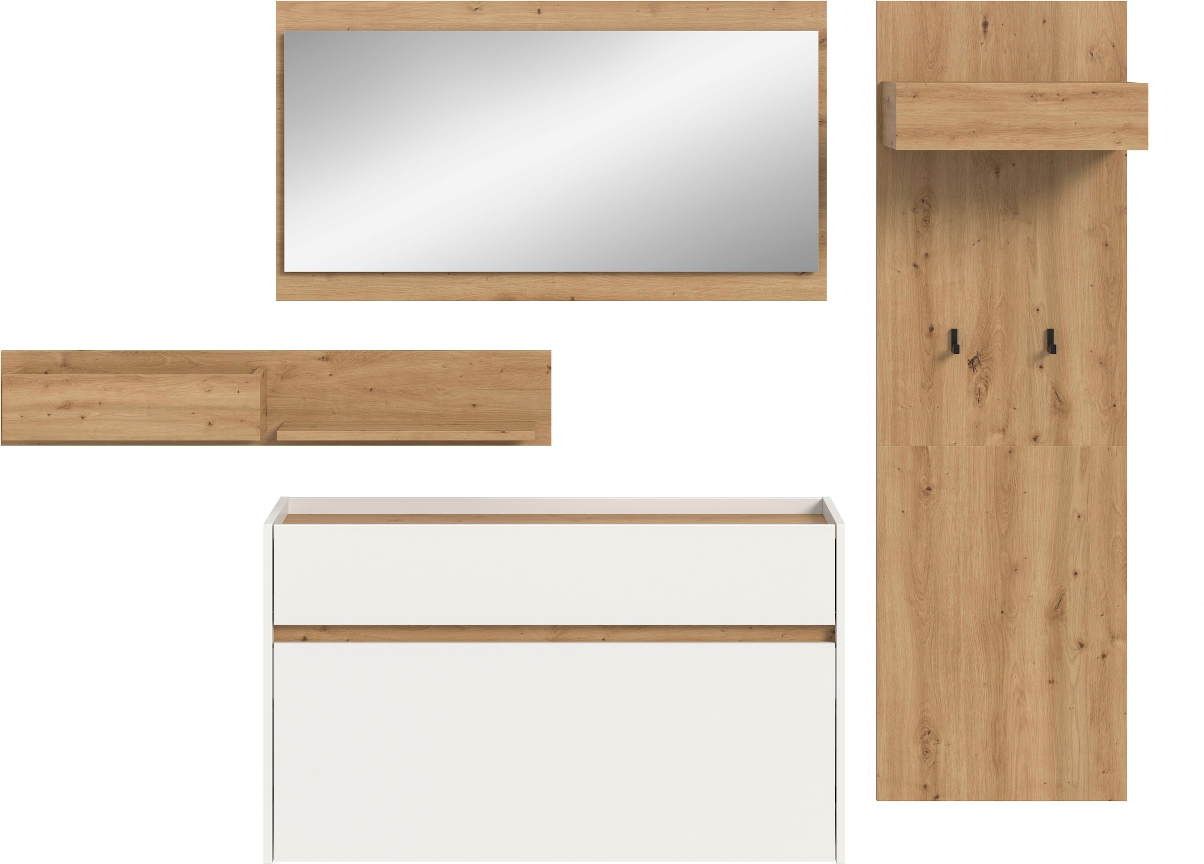 INOSIGN Garderoben-Set »EVRID, 4-teilig, Breite 205 cm, individuell hängbar & erweiterbar« best. aus.: Wandboard, Kommode, Spiegel, Garderobenpaneel, 4 Stk. tlg. Garderobenkombination, Garderobe, Wandgarderobe, Flur, Diele