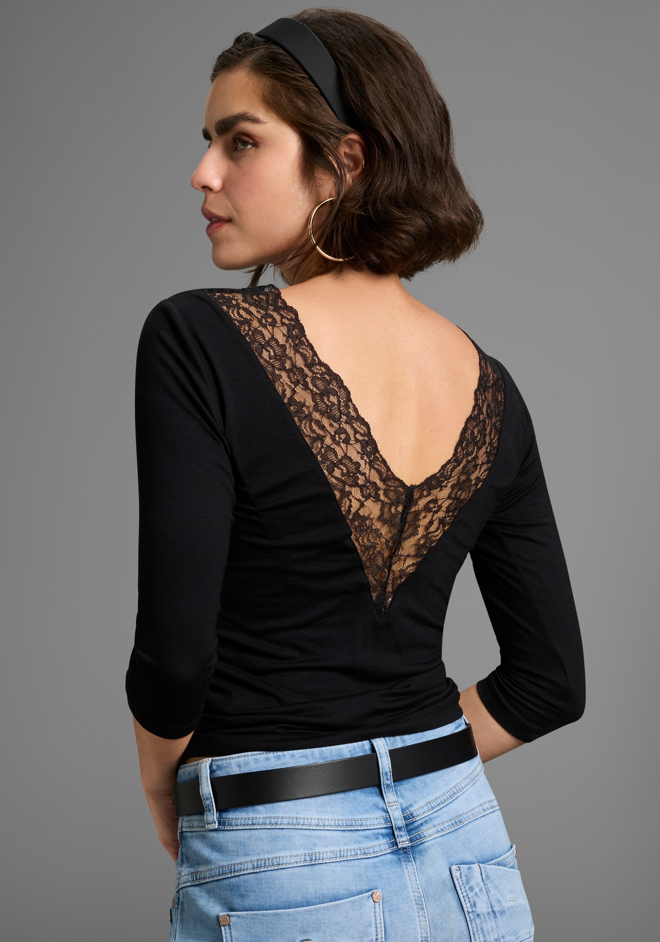 Melrose Rundhalsshirt, 3/4-Ärmel, taillierter Schnitt, mit Spitzenkante günstig online kaufen