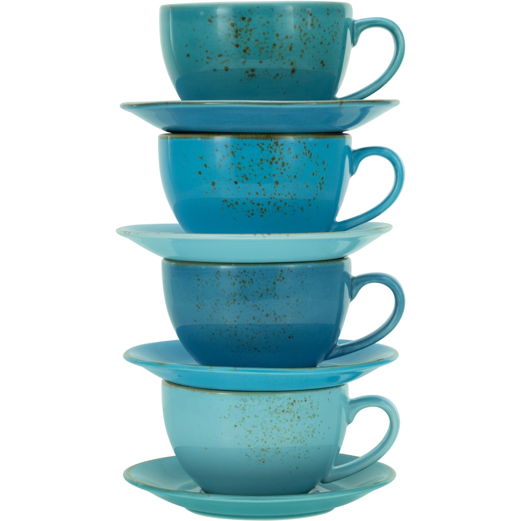 CreaTable Cappuccinotasse »Kaffeetasse NATURE COLLECTION Aqua«, (Set, 8 tlg.), Tassen Set, aktuelle Blautöne mit Sprenkel, 4 Tassen, 4 Untertassen