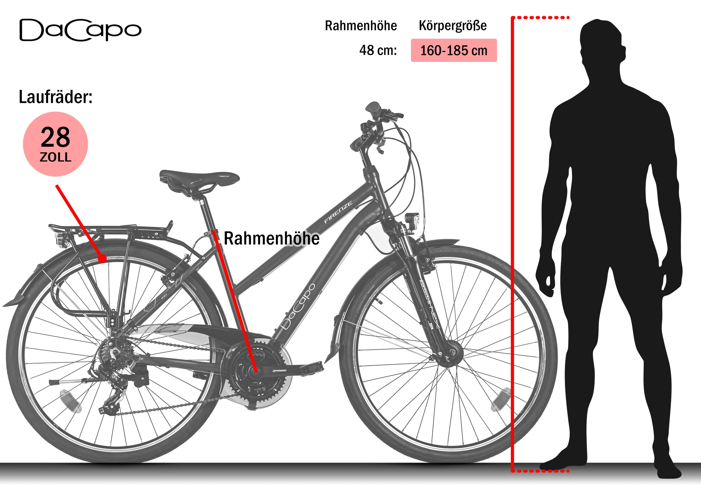 Dacapo Trekkingrad »Firenze 100 Anthrazit 21 Gänge RH 48 cm V-Brakes« 21 Gang Shimano Tourney Schaltwerk Kettenschaltung