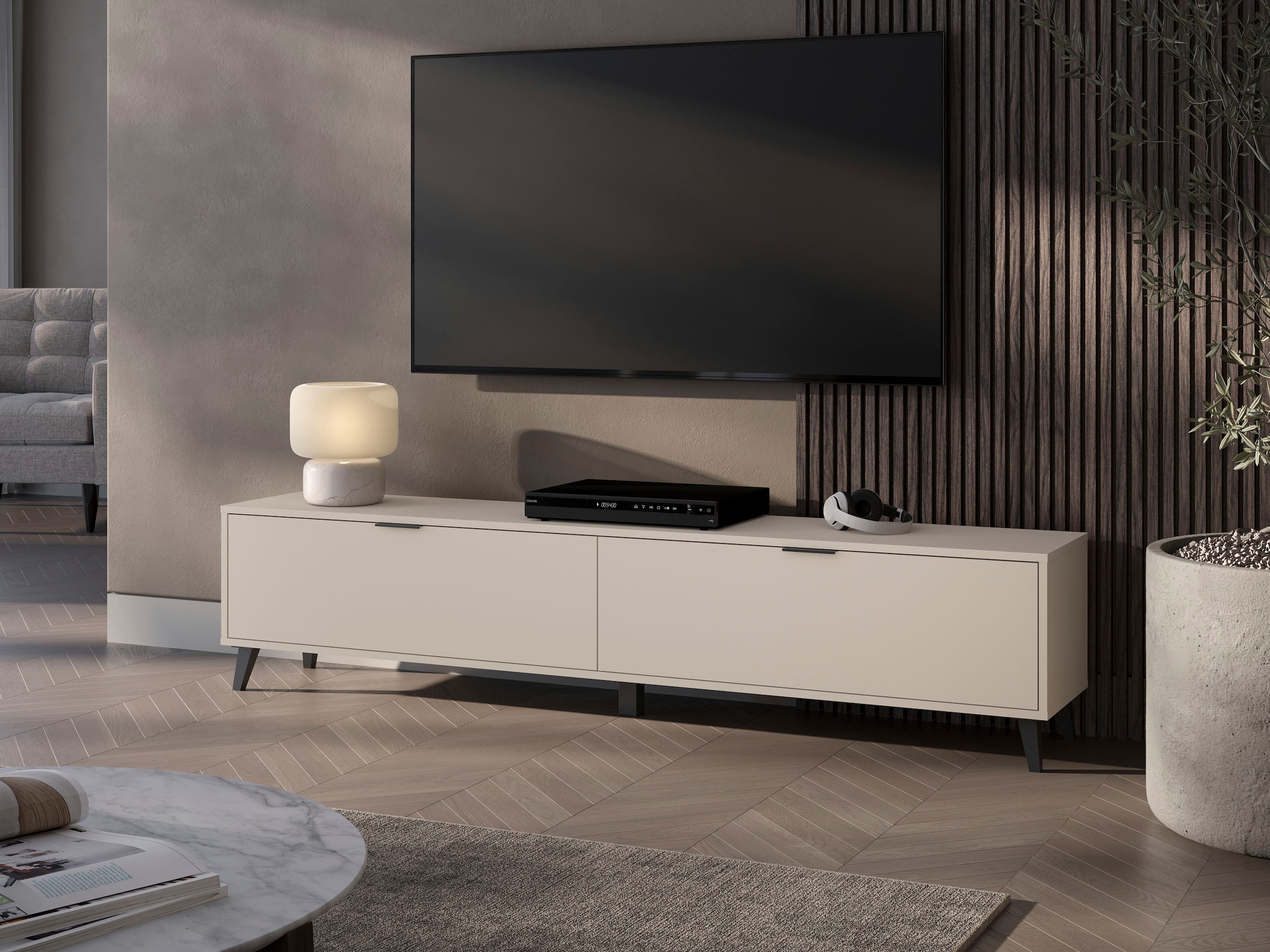 OTTO home Lowboard »Oslo, B/H/T: 180/40/33 cm« 2 Klappen, schwarze Metallgriffe, schwarze Füße