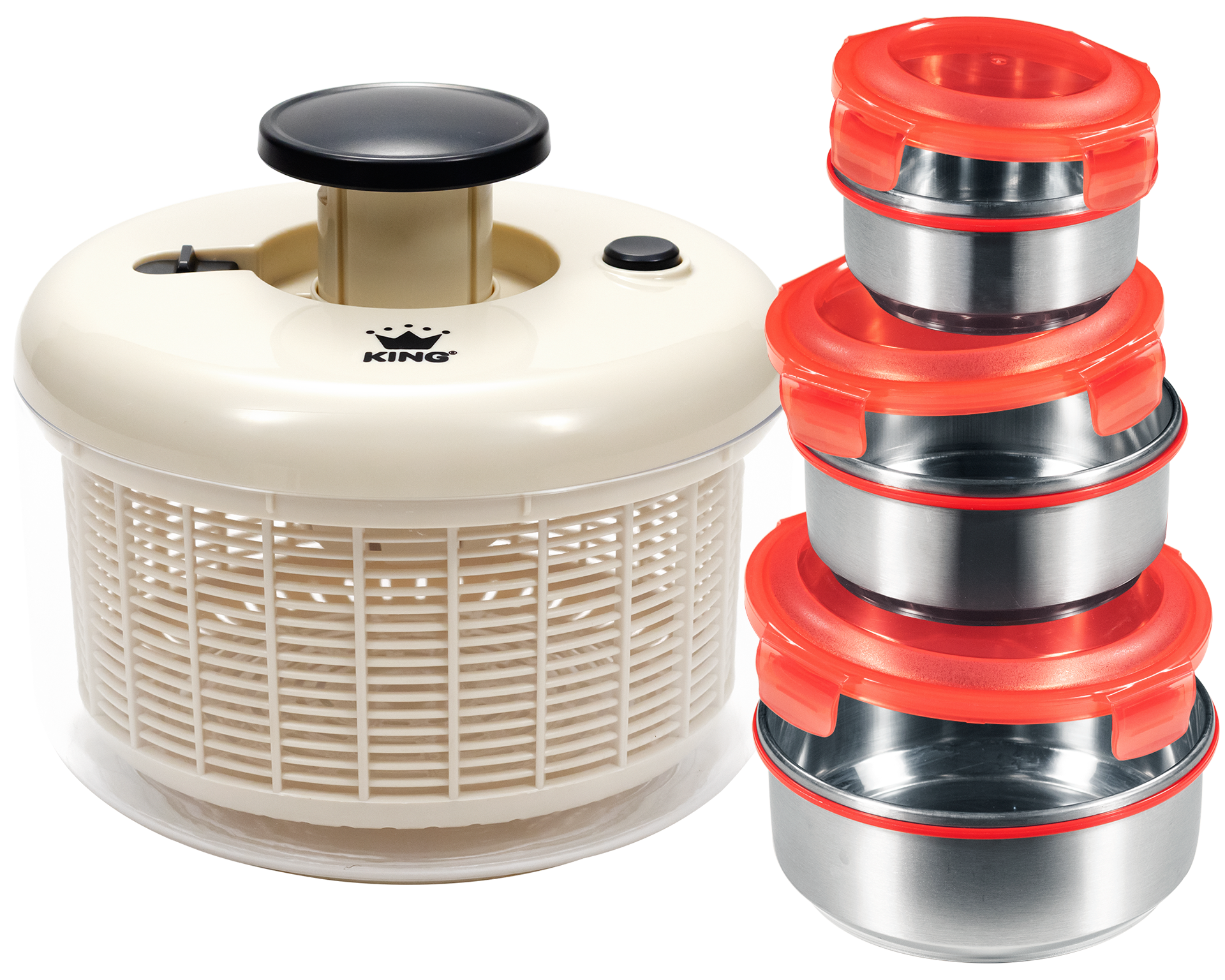 KING Salatschleuder "Salatschleuder" Pumpmechanik, 4.2 L Behälter, 3.2 L Korb, Frischhalteset aus Edelstahl
