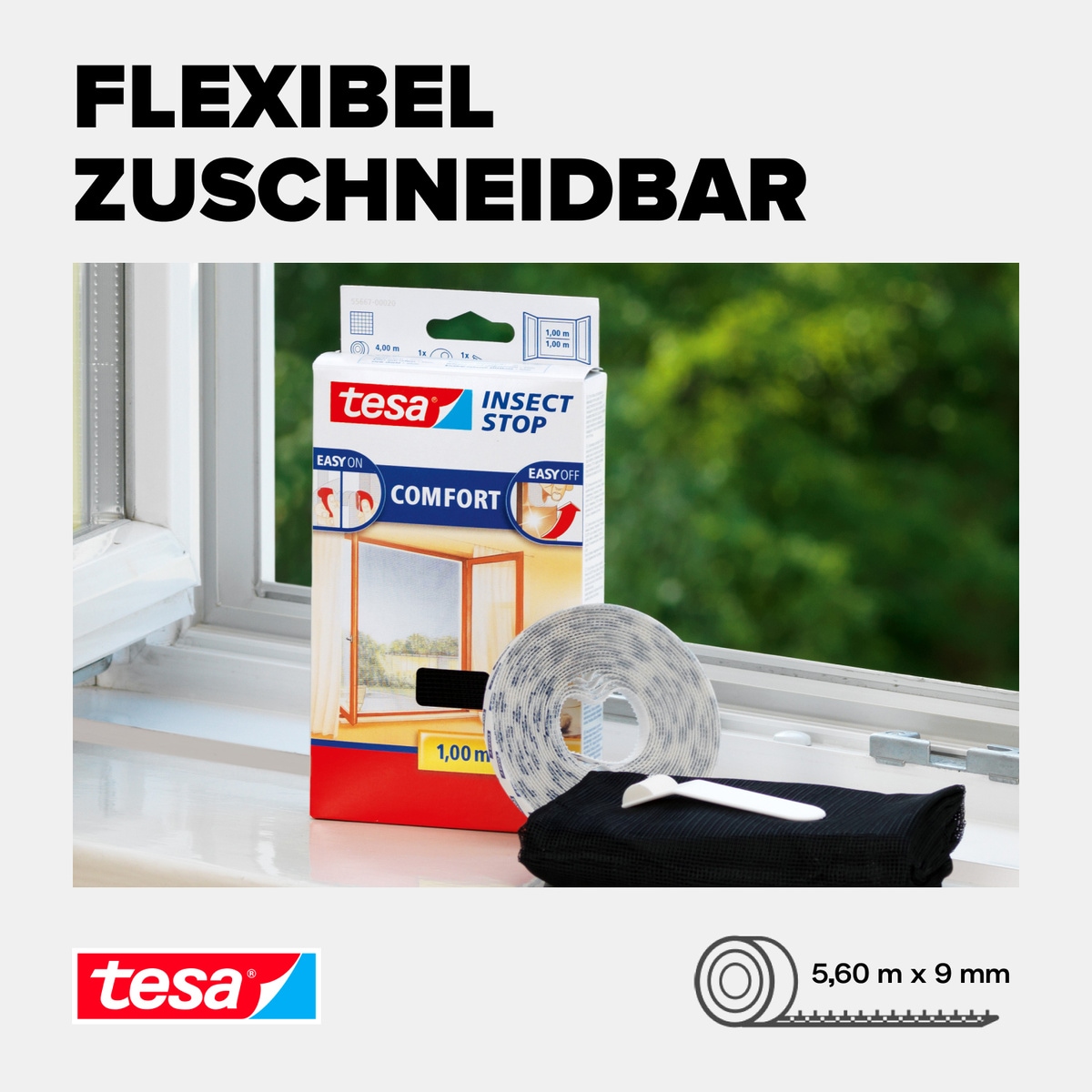 tesa Insektenschutz-Fensterrahmen »Insect Stop COMFORT selbstklebendes Klettband Ersatzrolle, 5,6m«, Klettband zur bohrfreien Fixierung am Fenster für Fliegengitter - weiß