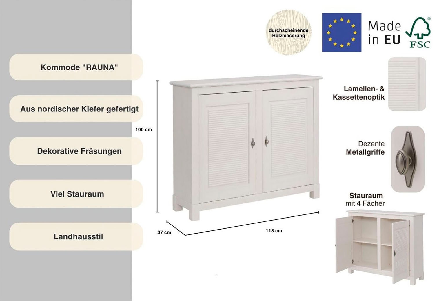 Home affaire Kommode »Rauna«, Breite 118 cm, aus massiver Kiefer, FSC®-zertifiziert