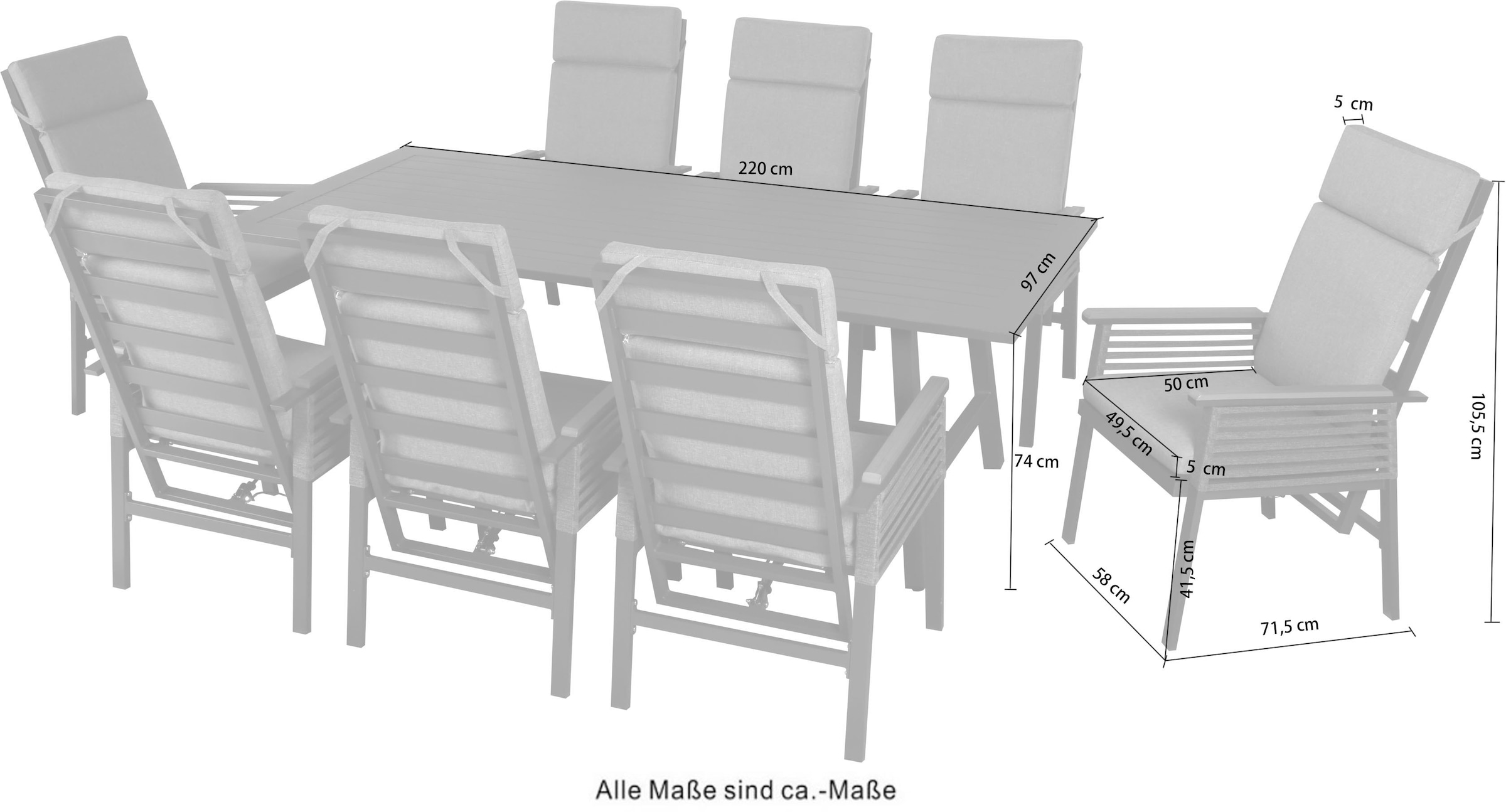 KONIFERA Garten-Essgruppe »Edessa Komfort«, (Set, 17 tlg., 8x Stuhl mit Rückenverstellung, 1x Tisch 220x97x74 cm, inkl. Auflagen), Tischplatte aus Alu-Lamellen,Armlehne mit Seilgeflecht&Noonwood-Latten