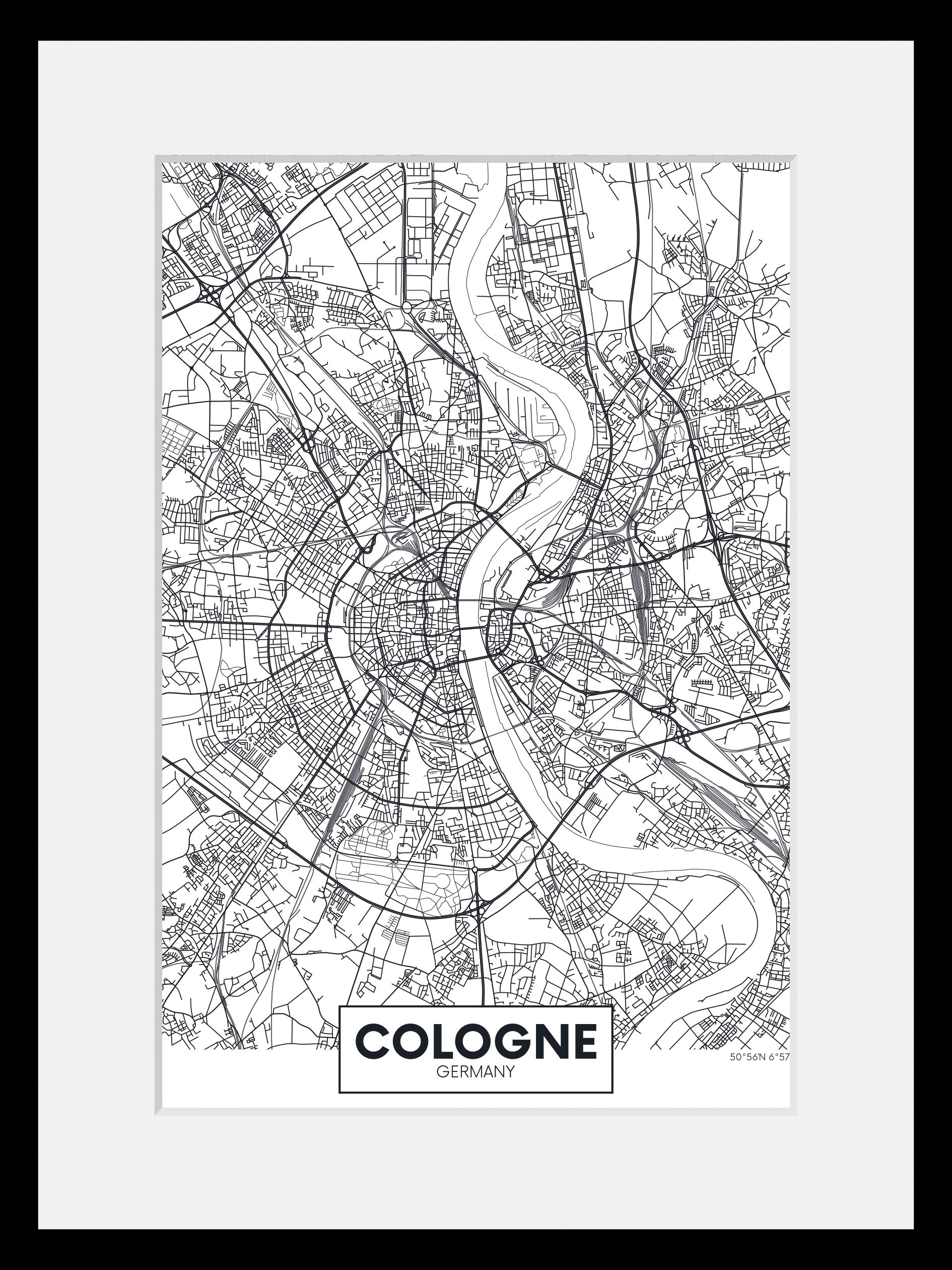 queence Bild »Köln Stadtkarte«, Städte-Stadt-Deutschland-Gebäude-Schriftzug-Köln, (1 St.), HD Premium Poster-Druck inkl. Holzrahmen