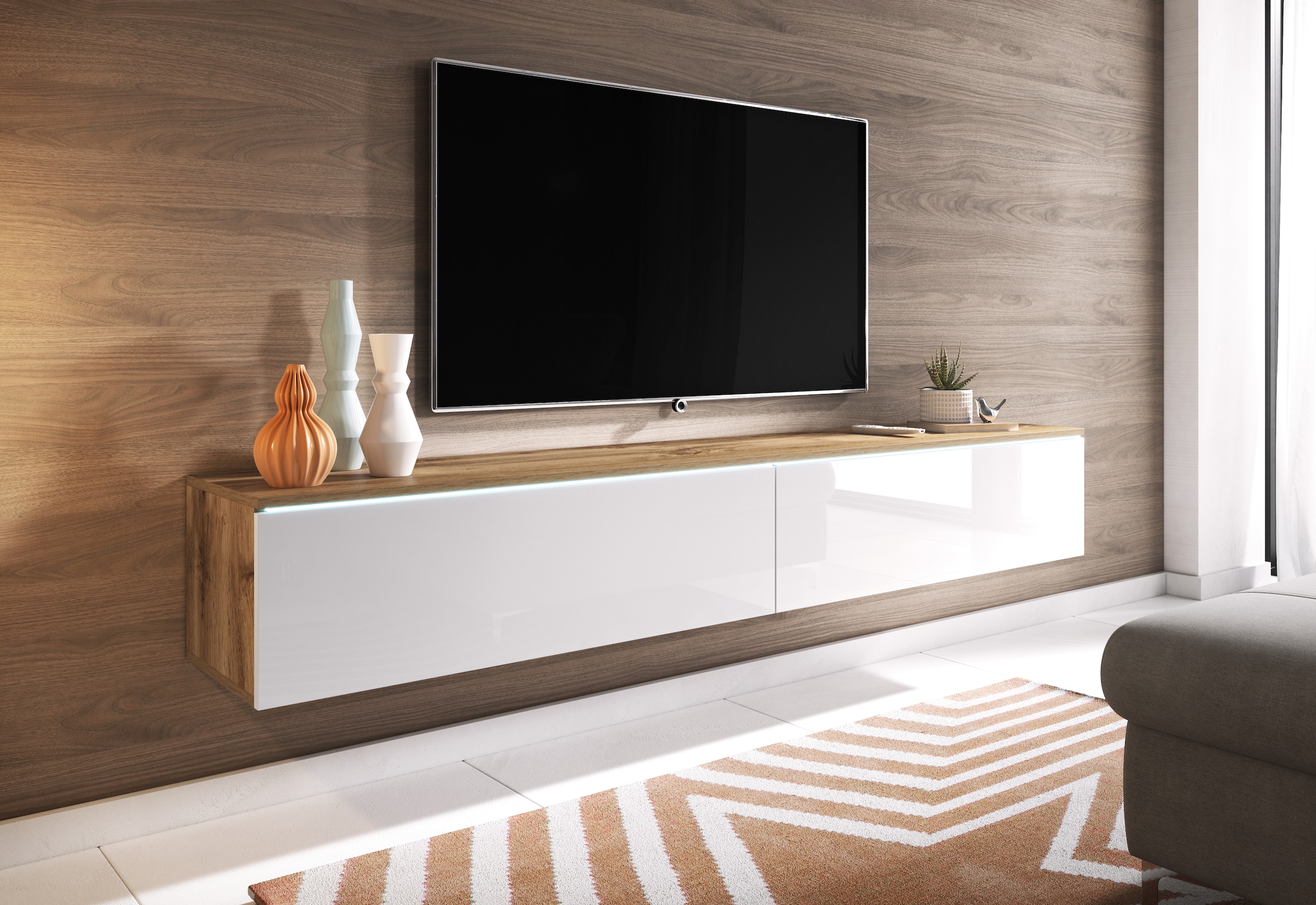 INOSIGN Lowboard »LOWBOARD VERA, wahlweise mit oder ohne Beleuchtung«, Modernes griffloses TV-Board, 180 cm TV-Schrank, stehend und hängend