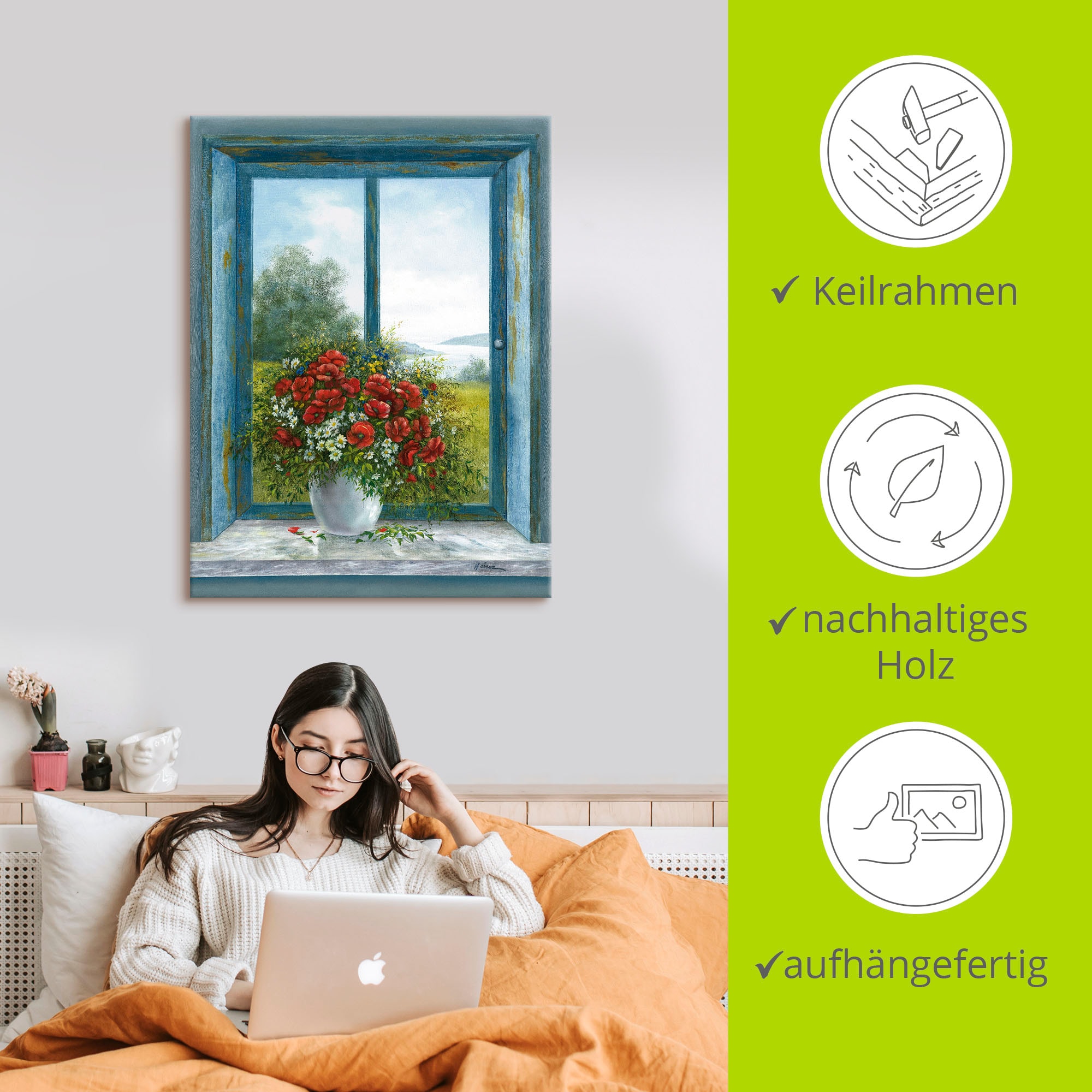 Artland Wandbild »Mohnblumen am Fenster«, Arrangements, (1 St.), als Leinwandbild, Wandaufkleber in verschied. Größen