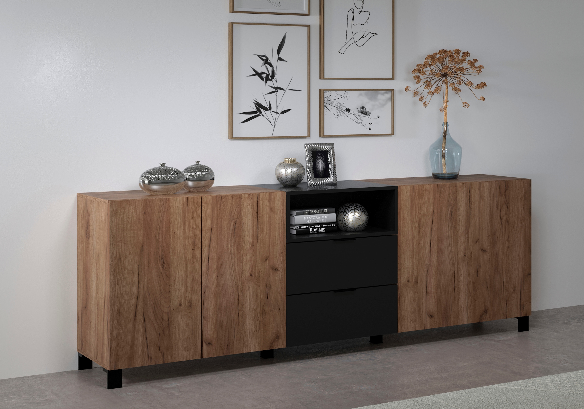 INOSIGN Sideboard »Kriens«, Anrichte Eiche, hellbraun / schwarz matt, Breite 227 cm, Höhe 78 cm