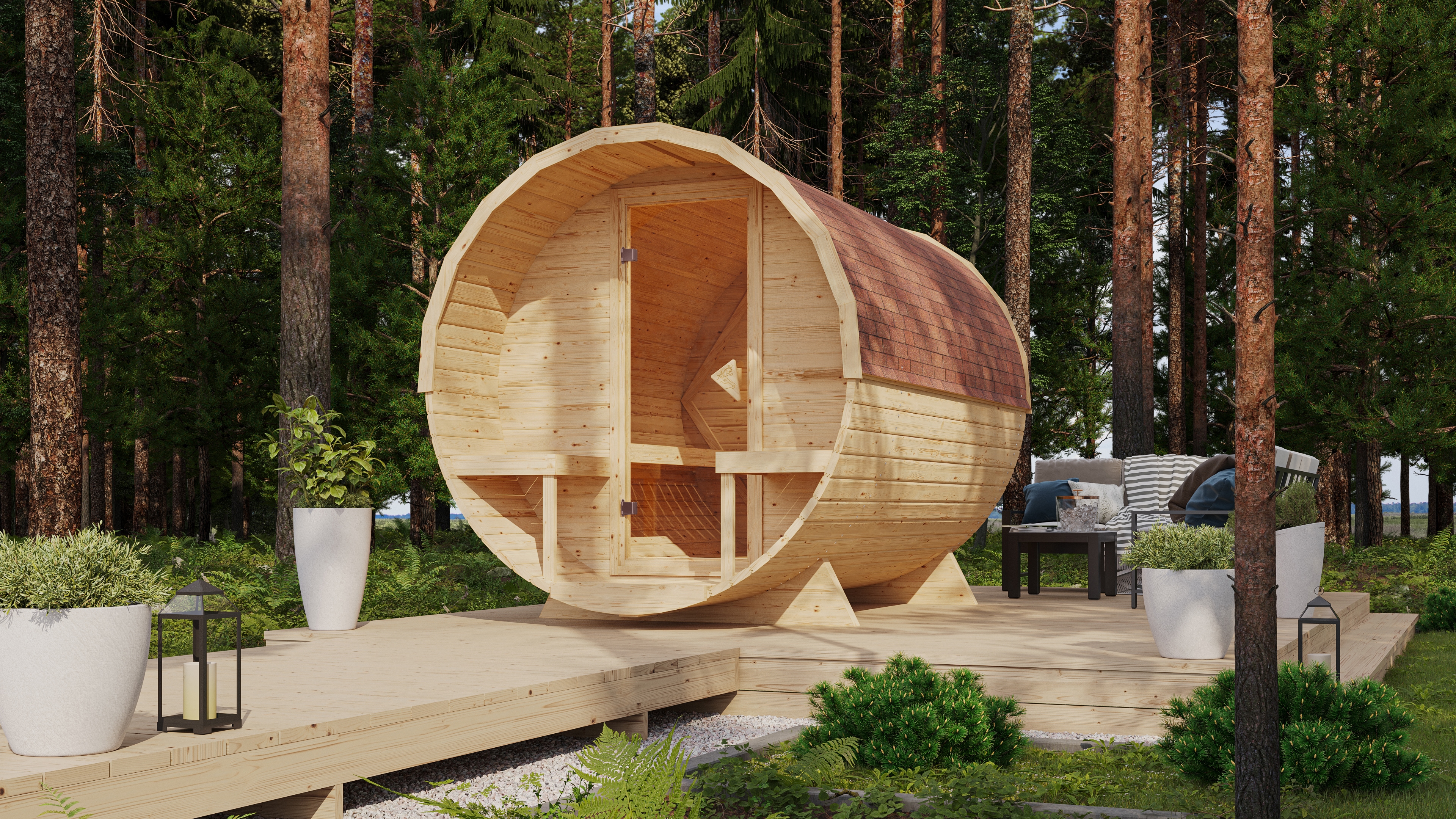 KONIFERA Fasssauna "Lathy XL" Saunaofen mit eingebauter Steuerung 9 kW