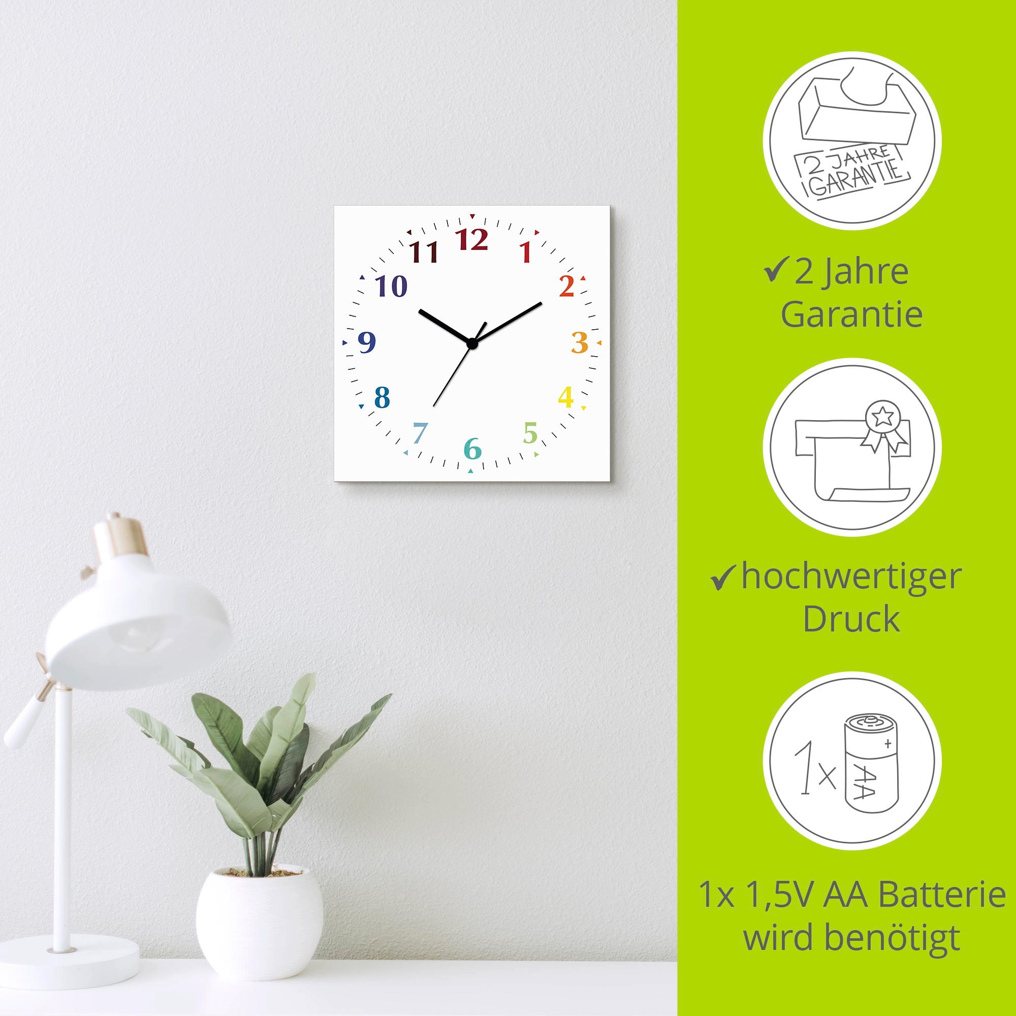 Wanduhr ARTLAND "Uni Trendfarben", bunt (weiß, bunt), B:30cm H:30cm T:0,3cm, Wanduhren, Wanduhr, wahlweise mit Quarz- oder Funkuhrwerk, lautlos ohne Tickgeräusche 3