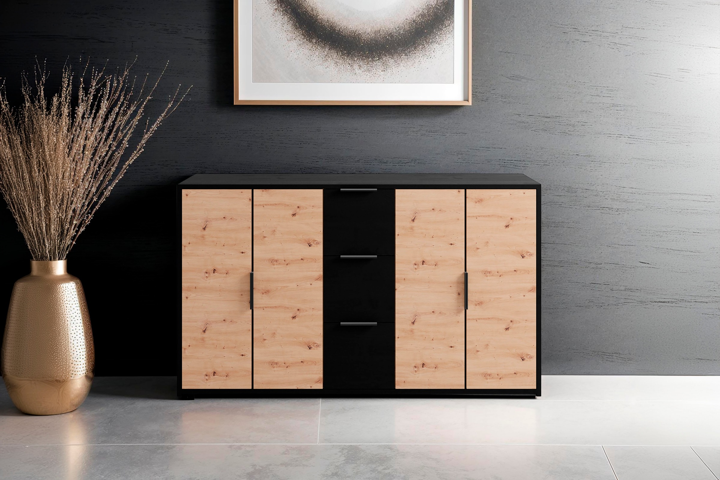 byLIVING Sideboard "Rimini", Melamin Eiche schwarz und Artisan Eiche, 3 Schubkästen, 4 Türen