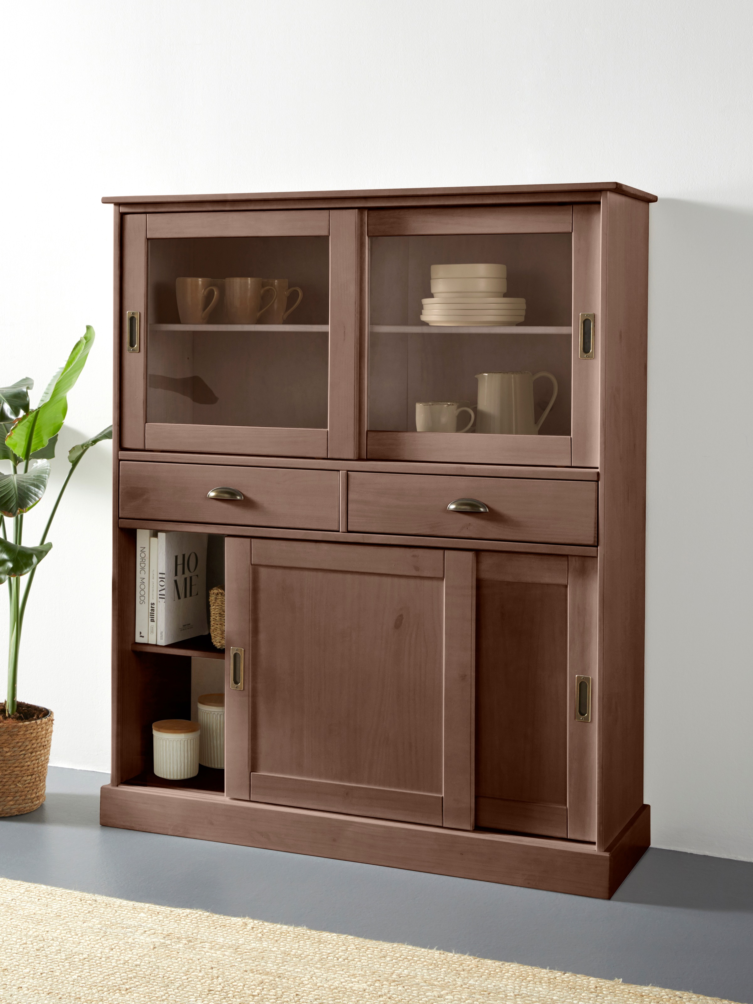 Home affaire Highboard »Schröder«, Vitrine aus massivem Kiefernholz, Breite 114 cm
