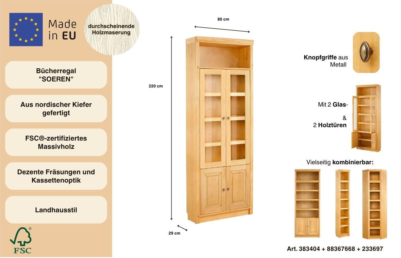 Home affaire Bücherregal »Soeren Vitrine mit 2 Glastüren, Breite/Tiefe: 80/220 cm« Kiefer massiv, Tiefe 29 cm, 2 Holz- und 2 Türen mit Klarglas- Einsatz