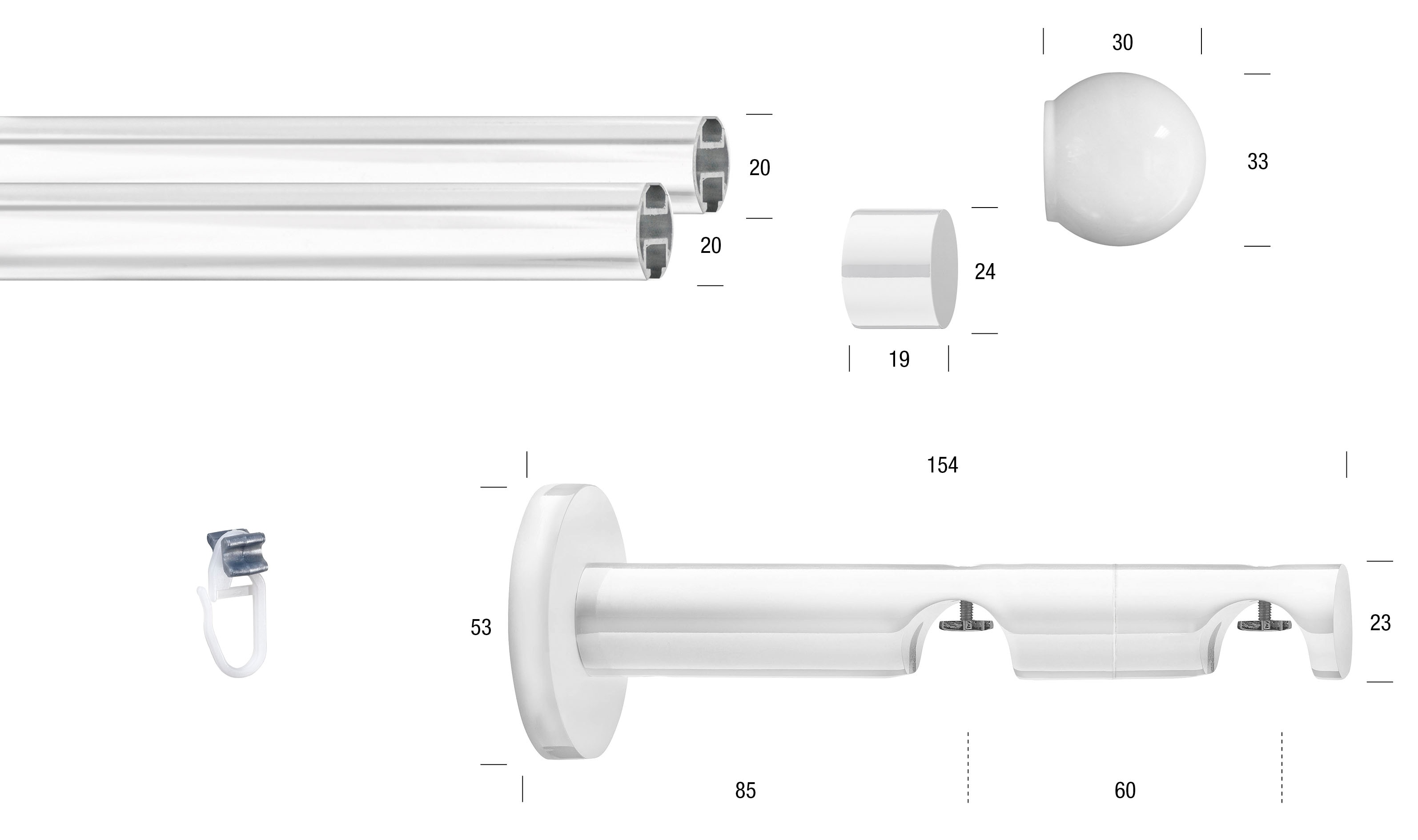 Thumbnail - GARESA Gardinenstange "WHITE" Ø 20 mm 2 läufig-läufig Wunschmaßlänge Vorhanggarnitur, Innenlauf, verlängerbar, Endknopf ...