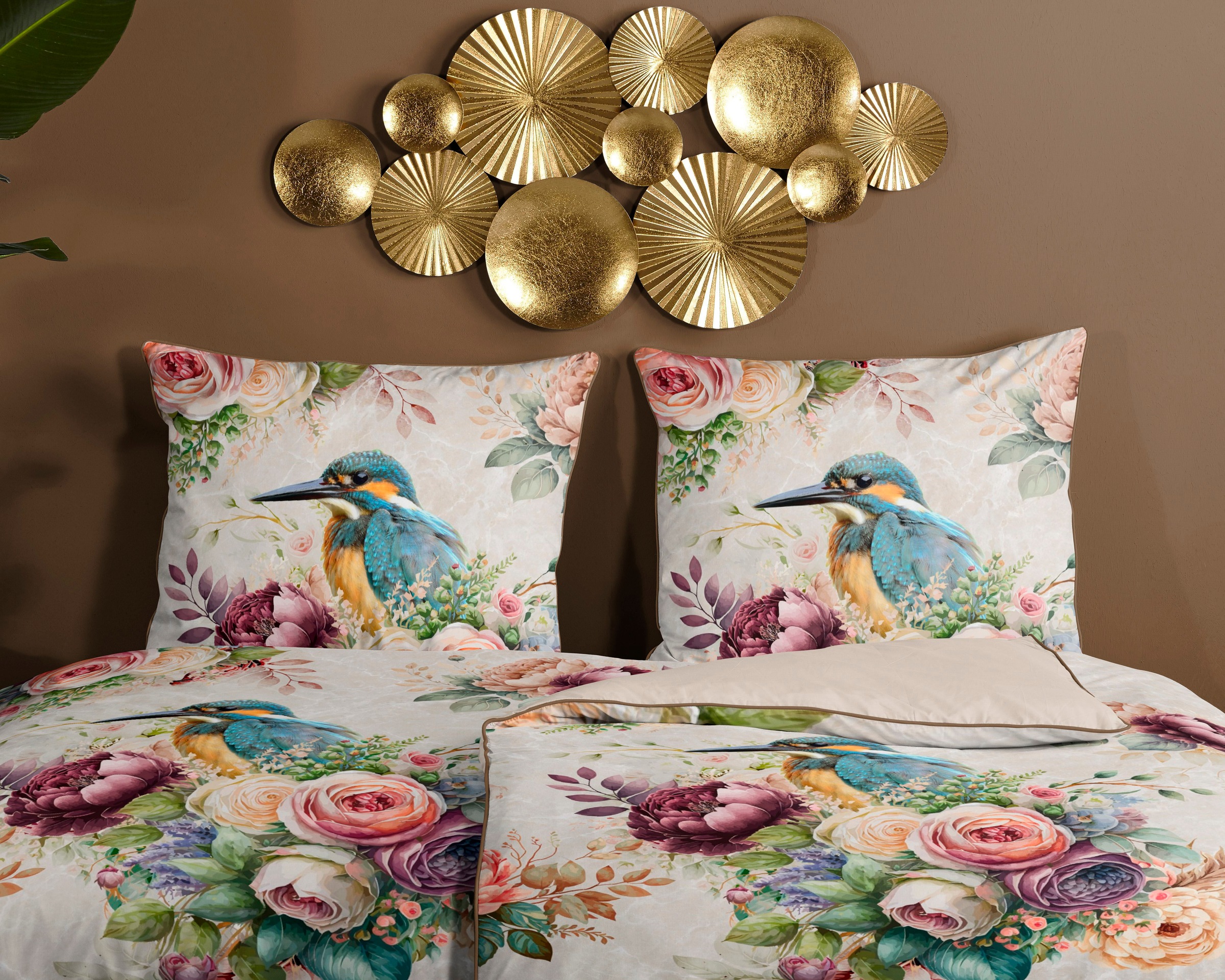 Thumbnail - Descanso Wendebettwäsche "Verde" 2 Stk. Mako Satin, 135x200, Biese, Reißverschluss, Wendeoptik, Blumen, Sand