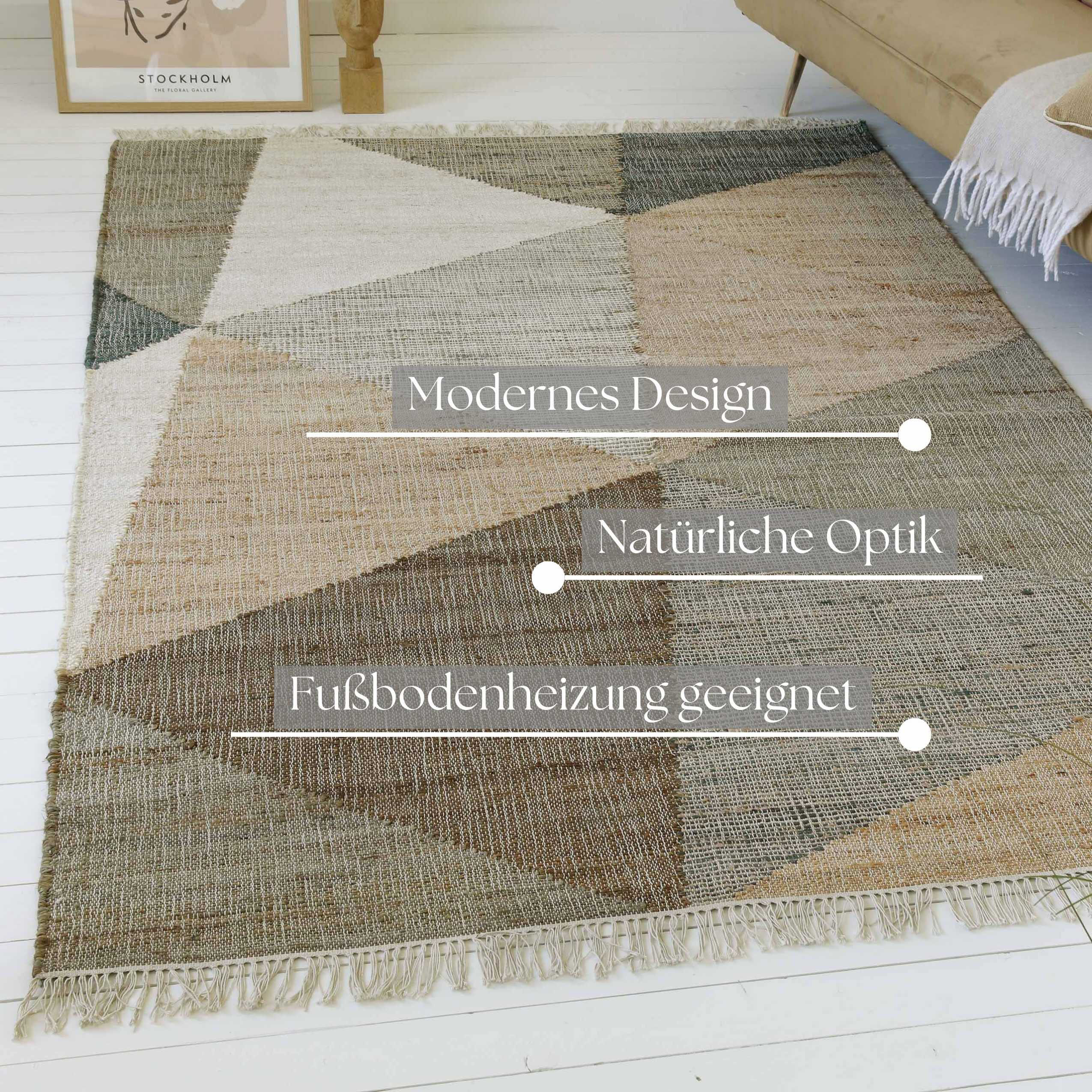 Thumbnail - my home Teppich "Stevo, mit Fransen", rechteckig, 4 mm Höhe, handgewebter Naturteppich, 80 % Jute, geometrisch, Esszimme...