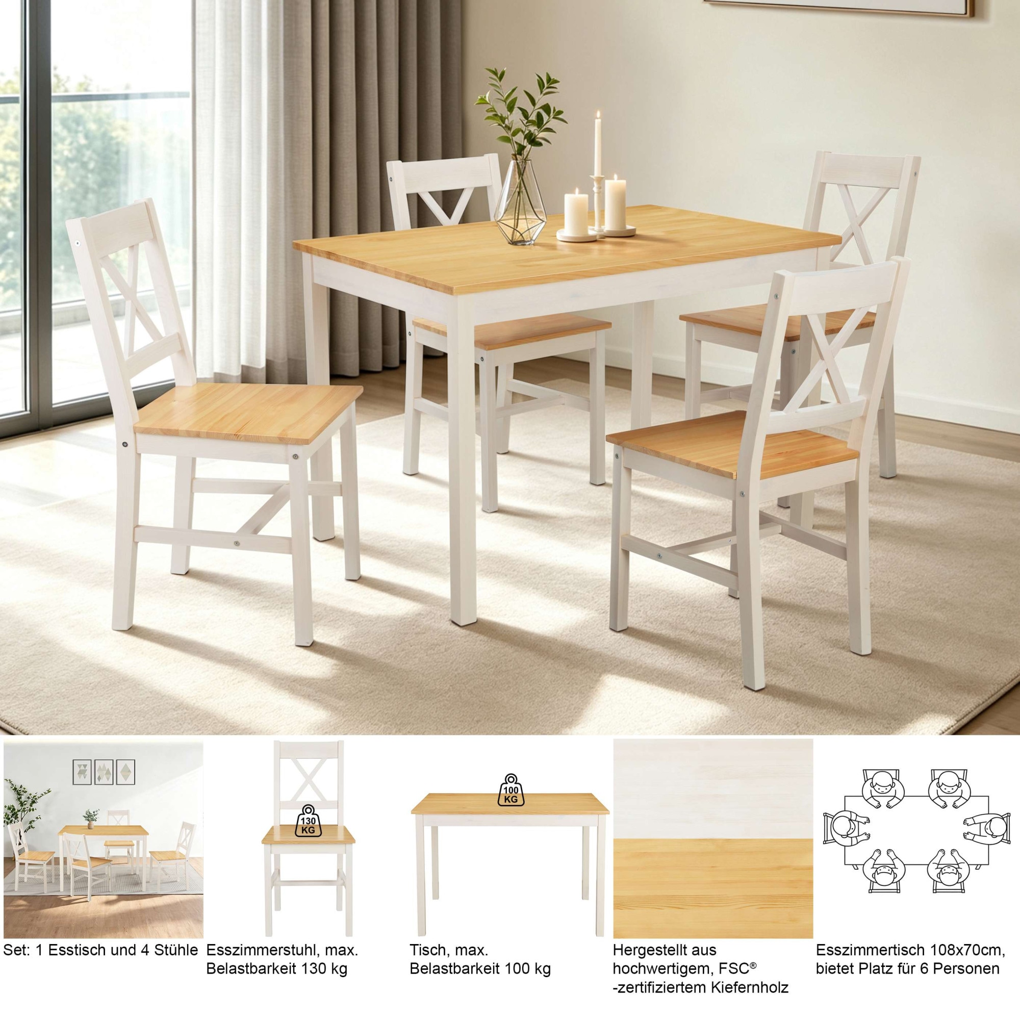 OTTO home Essgruppe »Willow« Set, Esstisch mit 4 Stühlen, 5 tlg. Esstisch mit 4 Stühlen, aus massivem Kiefernholz
