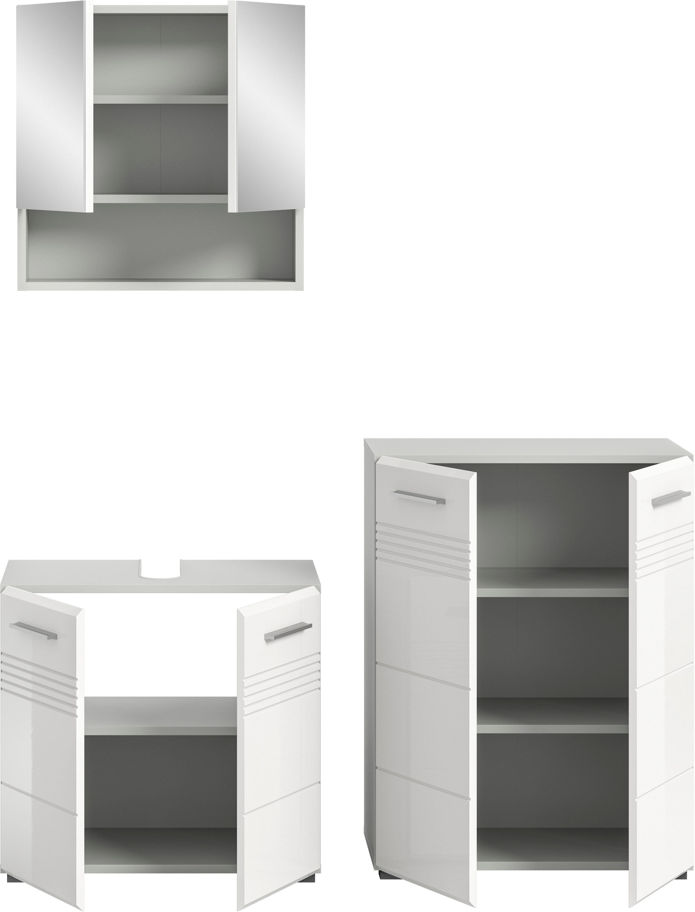 welltime Badmöbel-Set »Calicio,bestehend aus: Waschbeckenunterschrank,Spiegel-und Midischrank«, (3 St.), Midischrank, hochwertige MDF Front mit Rillenfräsung