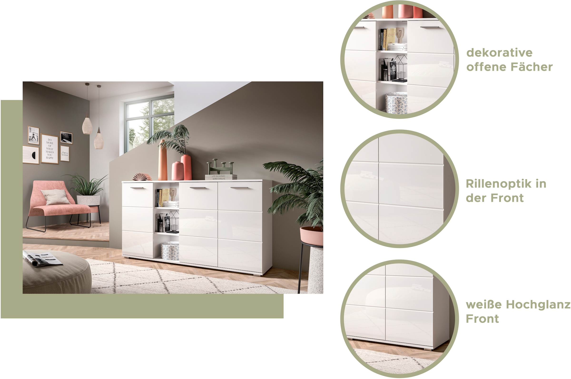 INOSIGN Highboard »Valge, Höhe 108 cm, 2 Türen, 4 verstellbare Böden, 4 offene Fächer«, Front-Rillenfräsung, Schuhschrank, Anrichte, Kommode, Sideboard