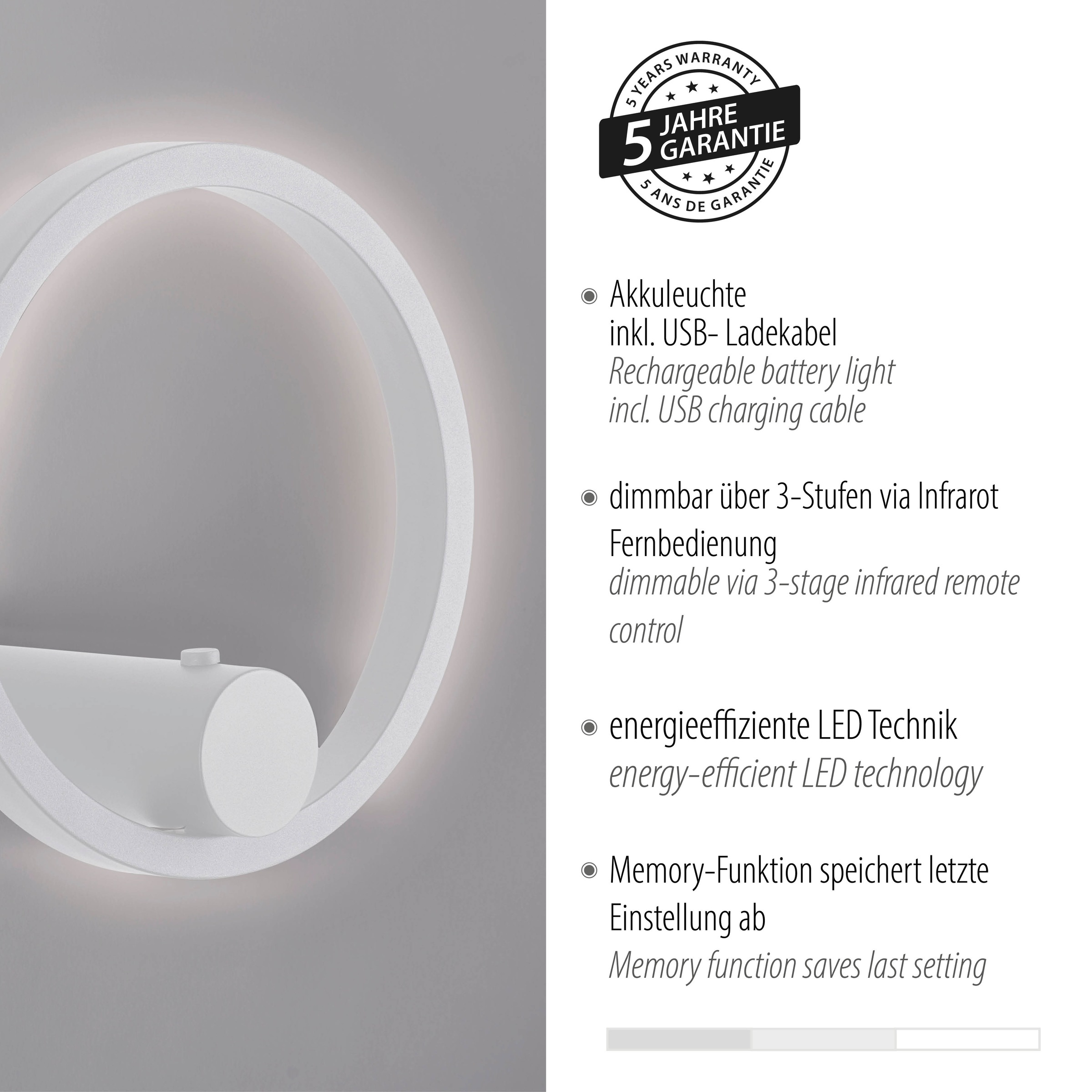 JUST LIGHT LED Wandleuchte »ARCHIE« LED-Board 1 Stk. Warmweiß Dimmbar, IR-FB, Memoryfunktion, USB-Kabel