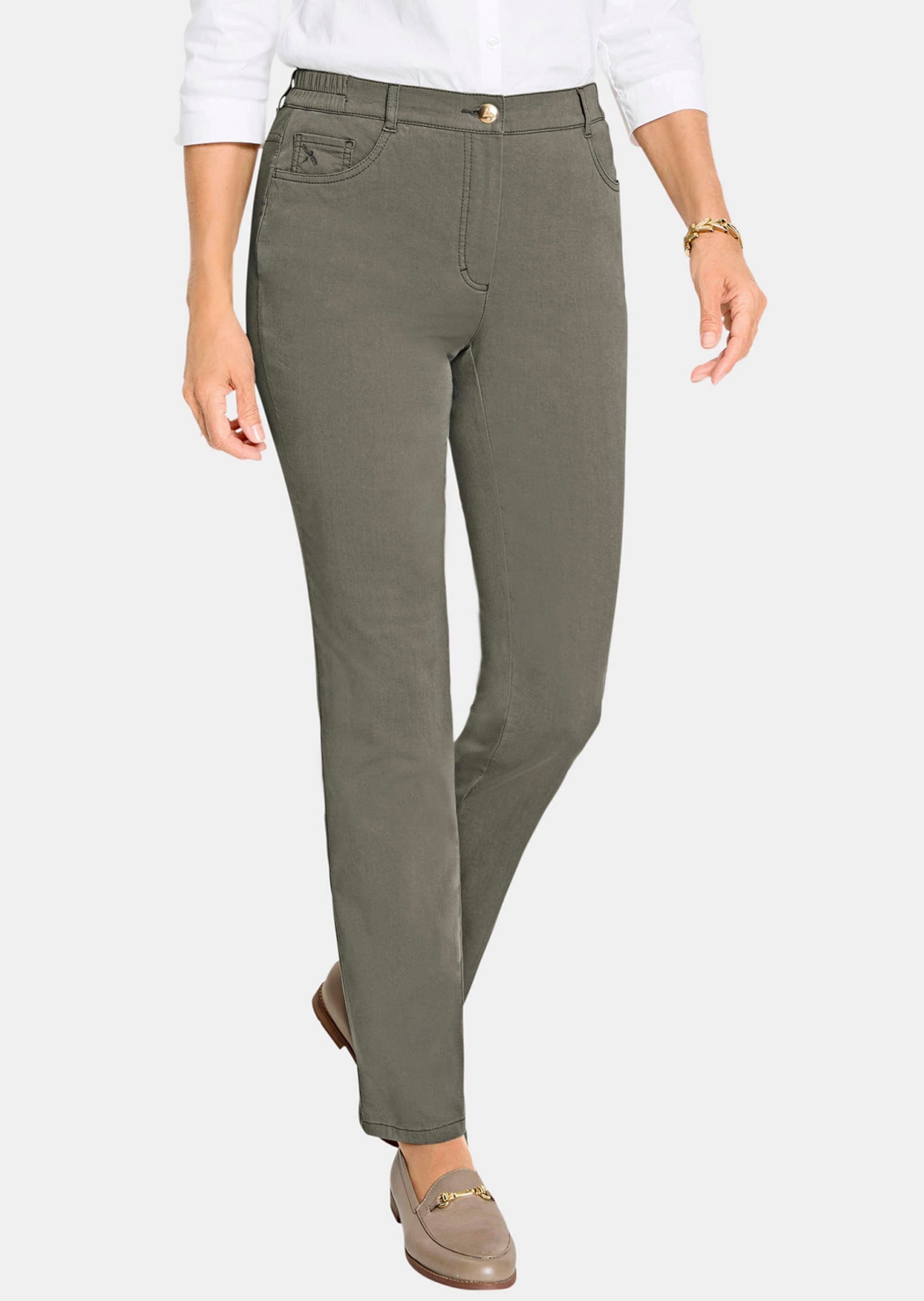 2-in-1-Hose GOLDNER "Kurzgröße Hose Carla in stretchbequemer Qualität", Damen, Gr. 25, K-Gr, grün (schilfgrün), Obermaterial: 84% Baumwolle CO. 14% Polyamid PA. 2% Elasthan EL., Hosen 3