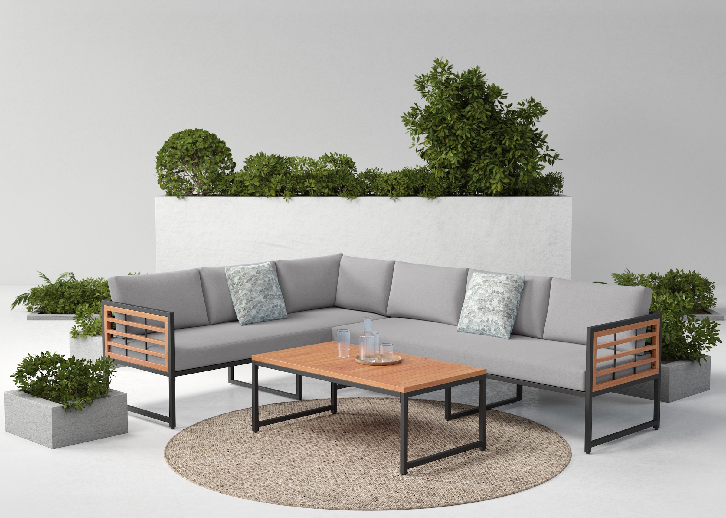 KONIFERA Gartenlounge-Set »Lamia«, (Set, 14 tlg., 2x3er Sofa, 1x Tisch 110x60x42cm, inkl. Auflagen, inkl. 2 Dekokissen), Stahl, Akazienholz, verschiedene Stellmöglichkeiten, Loungeset