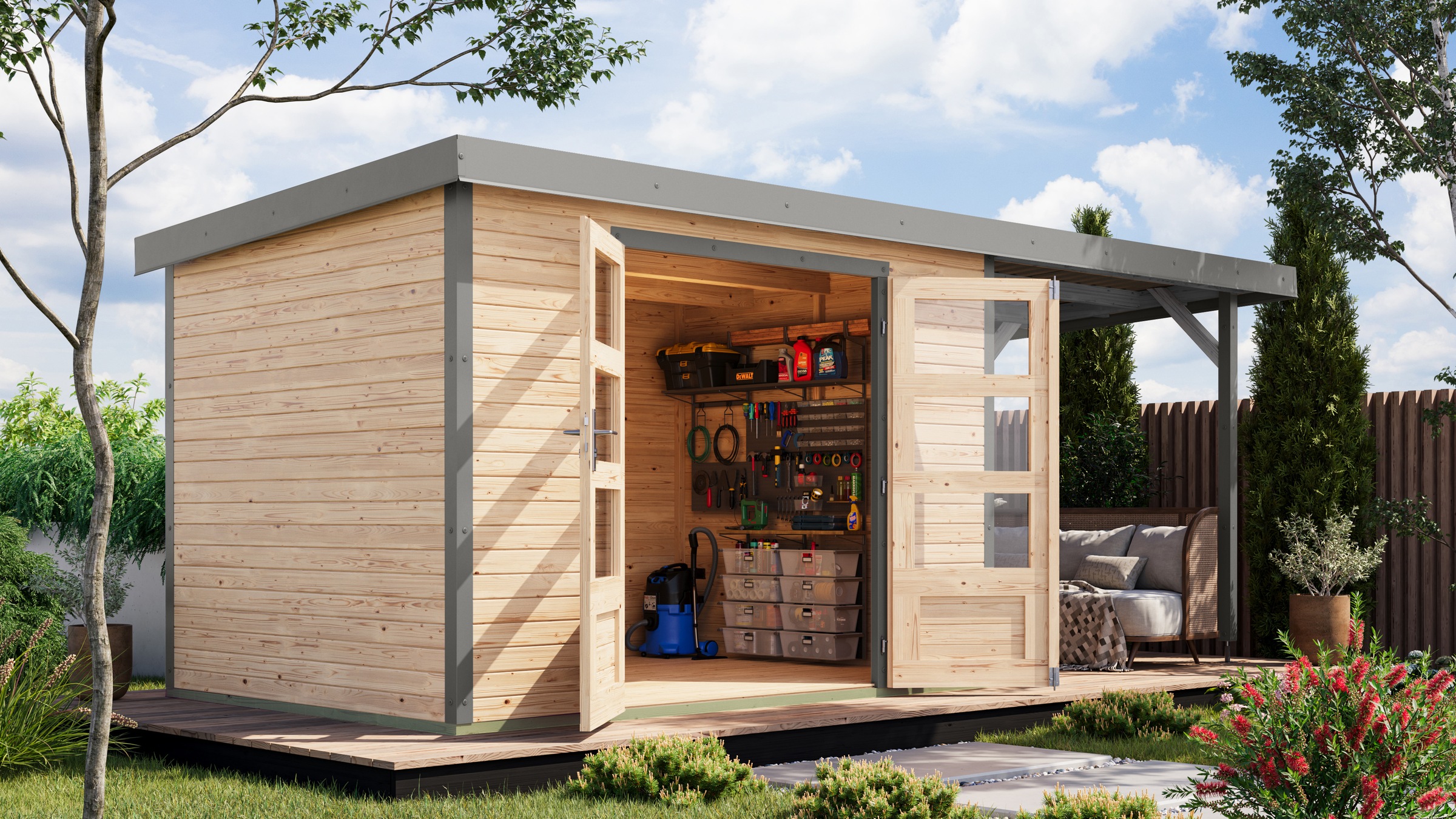 Karibu Gartenhaus ""Jupiter 4 A" SET naturbelassen, mit Anbaudach 2,35 m br günstig online kaufen
