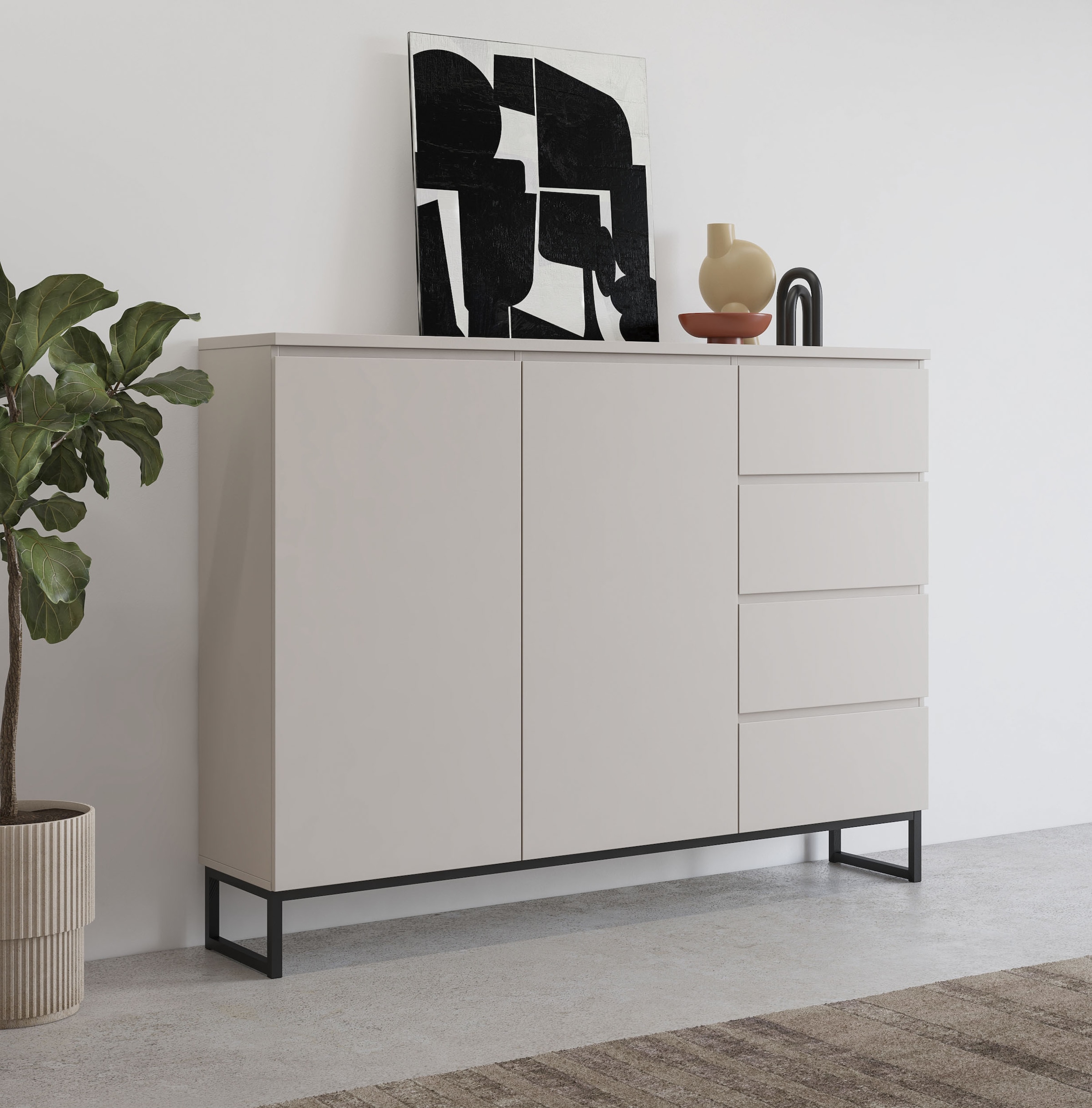 OTTO home Sideboard »Modo II, Breite 150 cm, moderne grifflose Kommode 2Türen/4 SK« Schubladenschrank viel Stauraum, Einlegeböden verstellbar, Metallkufen
