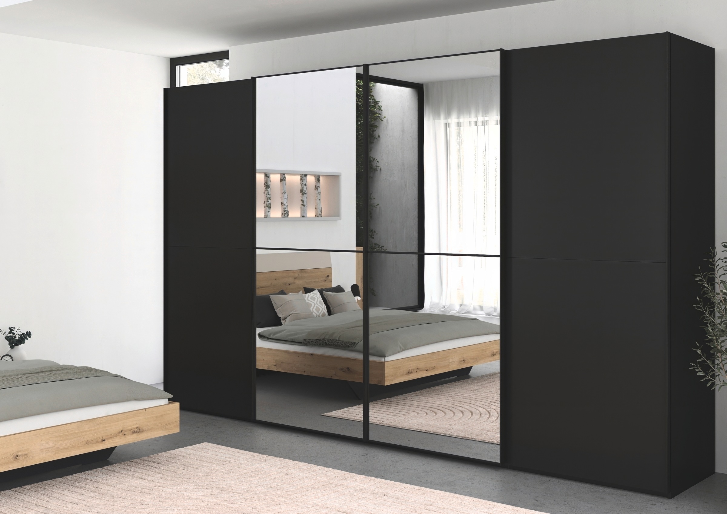 rauch Schwebetürenschrank »Kleiderschrank Schrank Garderobe Schlafzimmerschrank SCALE-DUO«, edle zweigeteilte Türen, Spiegel und 3 Zierleisten MADE IN GERMANY