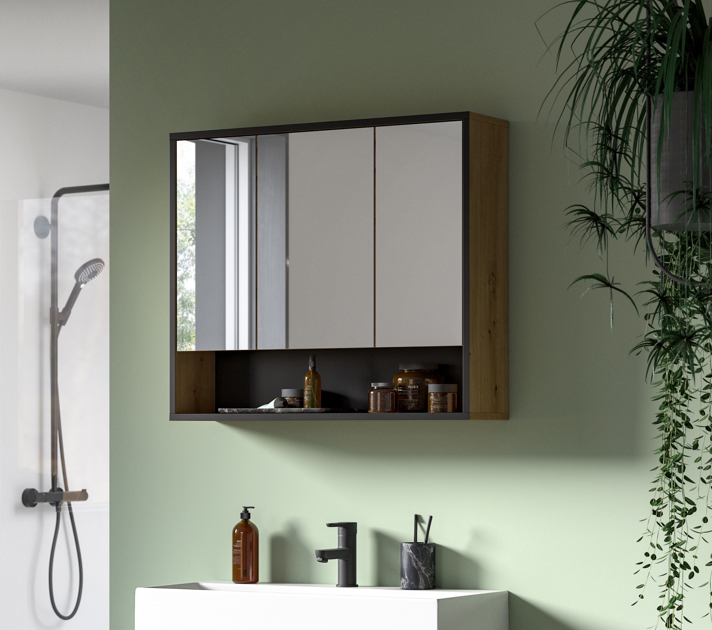 welltime Spiegelschrank »LOCRI, Höhe 68 cm, 3 Spiegeltüren, 3 Einlegeböden, 1 offenes Fach« viel Stauraum, für perfekte Organisation, 1 Stk. tlg. Badmöbel, Badschrank, Badhochschrank, Schrank, Bad, Badezimmer