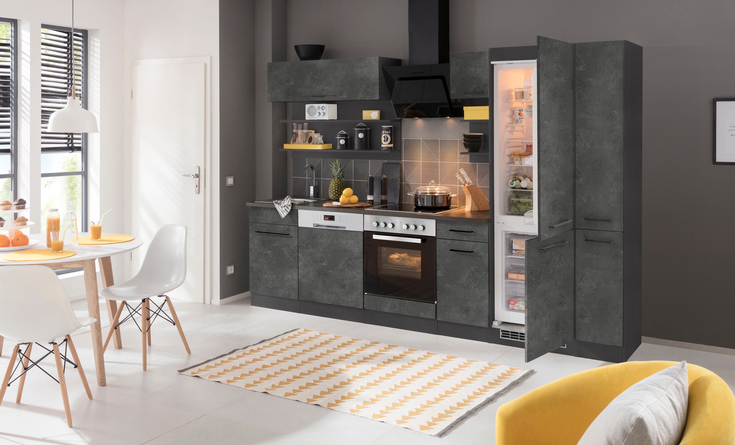 KOCHSTATION Küchenzeile »KS-Tulsa«, ohne E-Geräte, Breite 300 cm, schwarze Metallgriffe, MDF Fronten