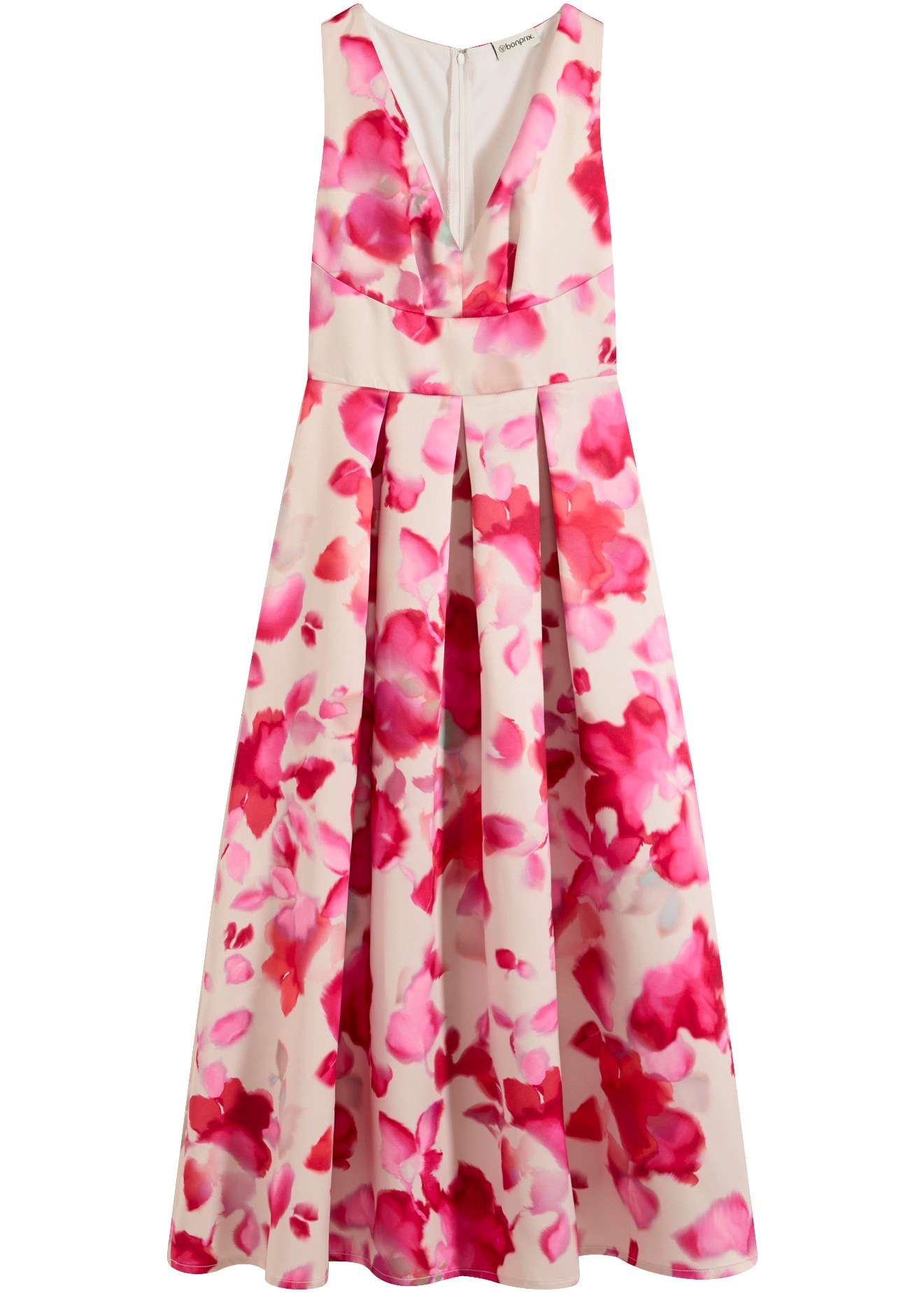 bonprix Maxikleid ausgestellte Passform, glänzender Satin mit floralem Print, ärmellos