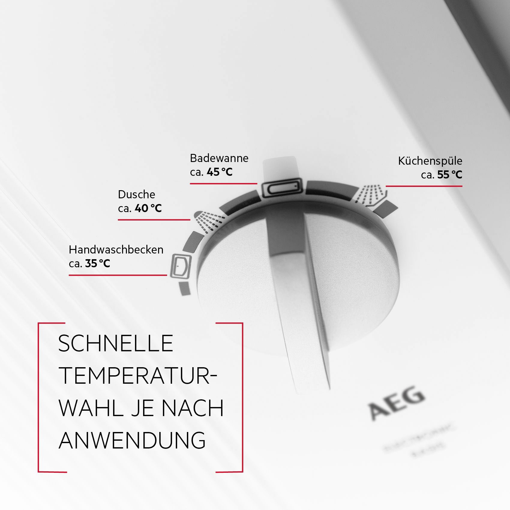 AEG-Haustechnik Komfort-Durchlauferhitzer »DDLE Basis 18/21/24 kW, stufenlose Temperaturwahl«, Temperatureinstellung mit Anwendungssymbolen