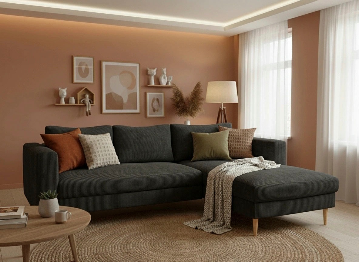 TRENDMANUFAKTUR Ecksofa "Amazing, wahlw. mit Schlaffunktion & Bettkasten, Fuß Buche lackiert" Recamiere beidseitig montierbar, L-Form,in Cord o. Struktur, B: 232 cm