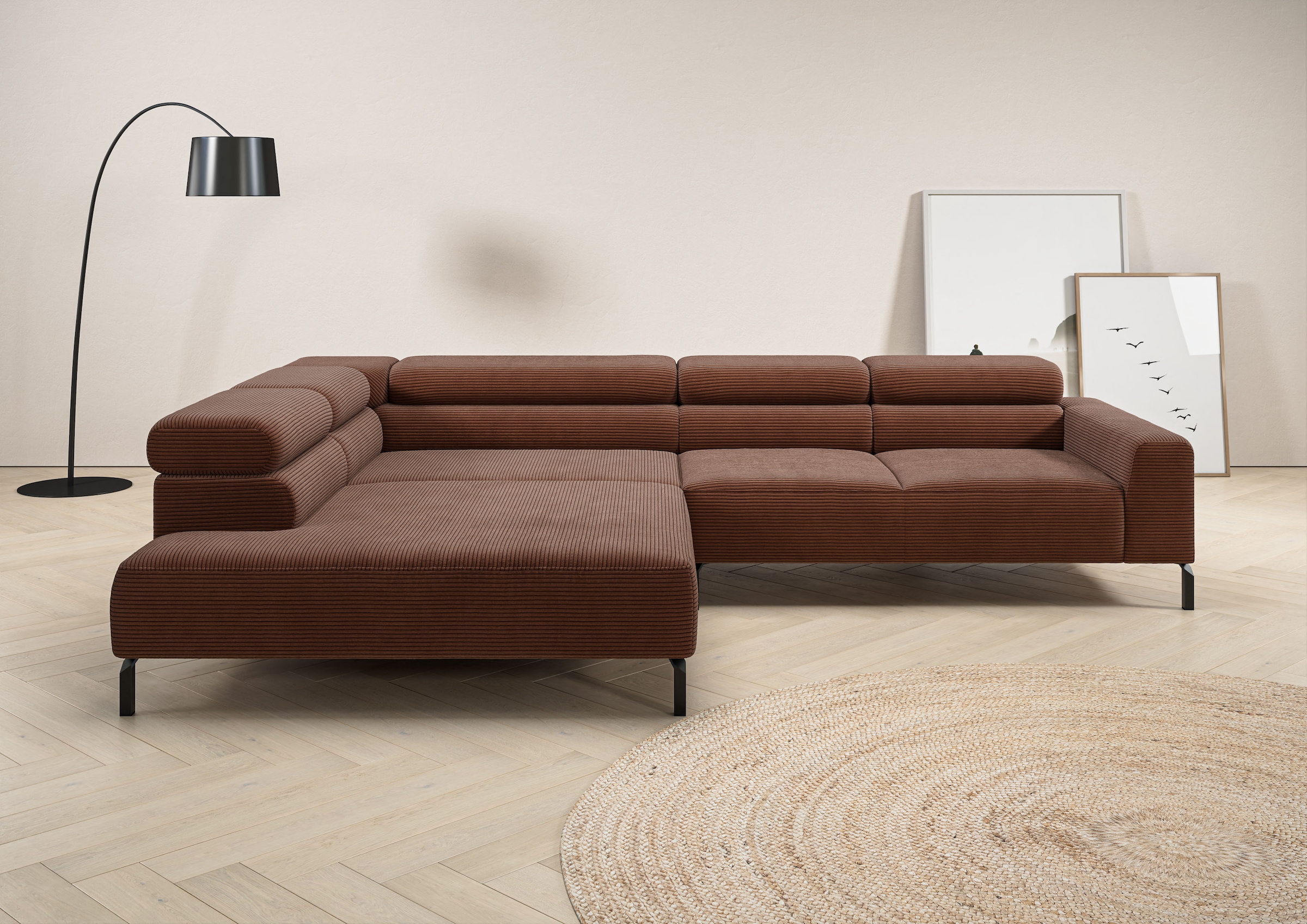 Home affaire Ecksofa "Antonelli, L-Form, incl. Kopfteilverstellung, Breite 312 cm" mit elektrischer Sitztiefenverstellung, in Cord, rost