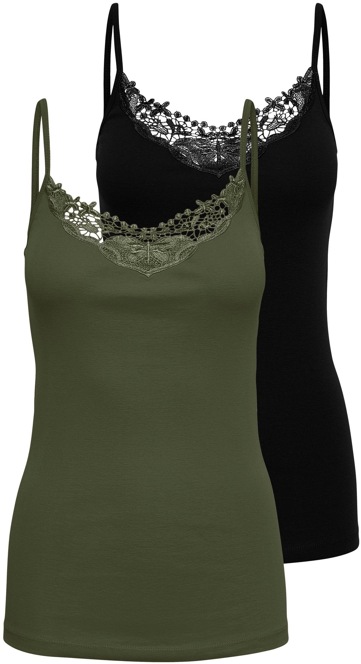 ONLY Spitzentop "ONLKIRA – Doppelpack mit Spitzendetail für feminine Looks" 2er-Pack, figurbetont, modisch, Jersey, Baumwolle, V-Ausschnitt