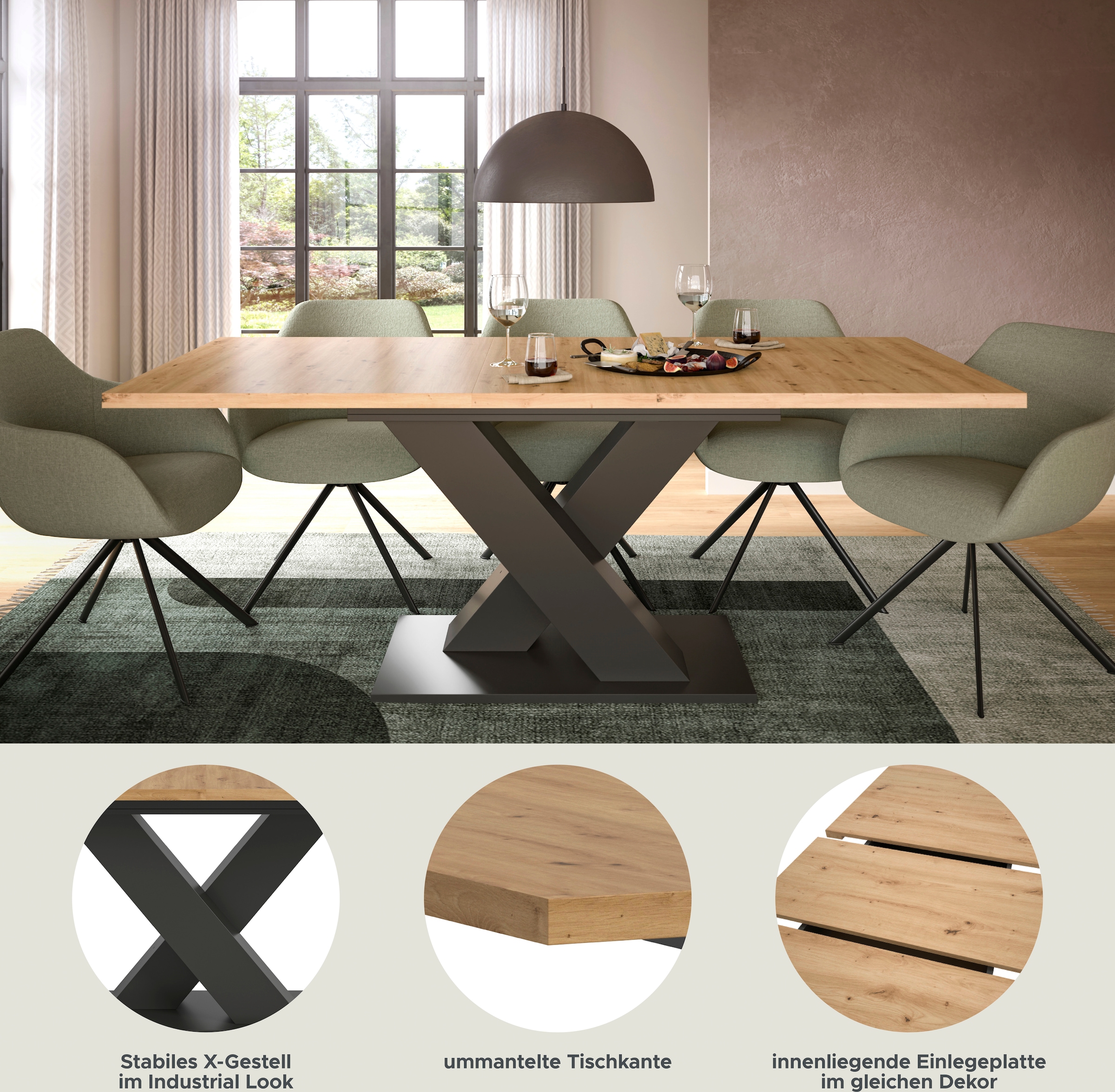 INOSIGN Esstisch »Motus, ausziehbar 150 -190 cm, inklusive 40 cm Einlegeplatte«, X-Gestell mit Bodenplatte, Tisch, Küchentisch, Esszimmer, Küche