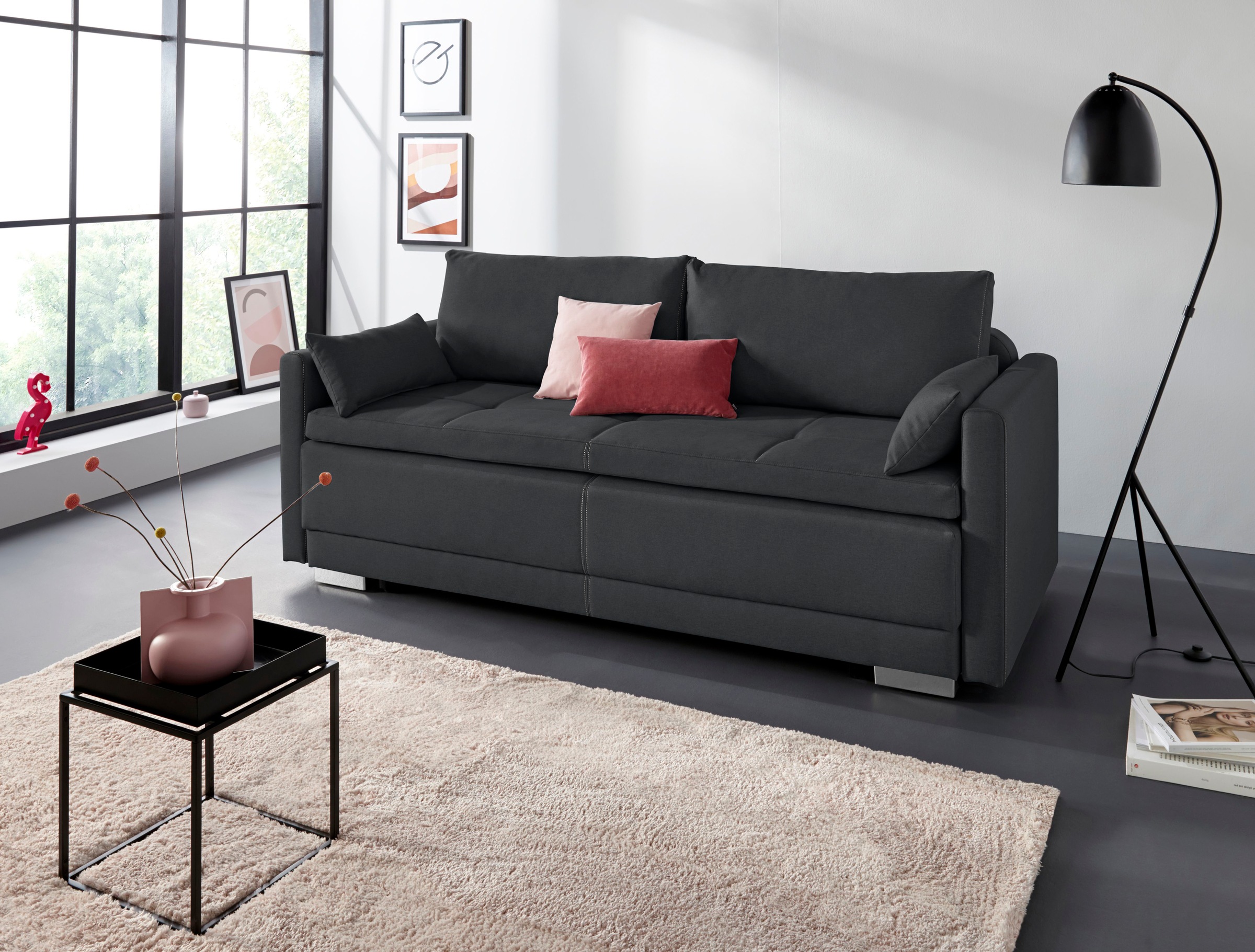 OTTO home 1100000002199 "Berlin, B: 218 cm, Liegel. 160x198 cm, Boxspring" Dauerschlafsofa mit Boxspring inklusive 2 Zierkissen & Bettkasten