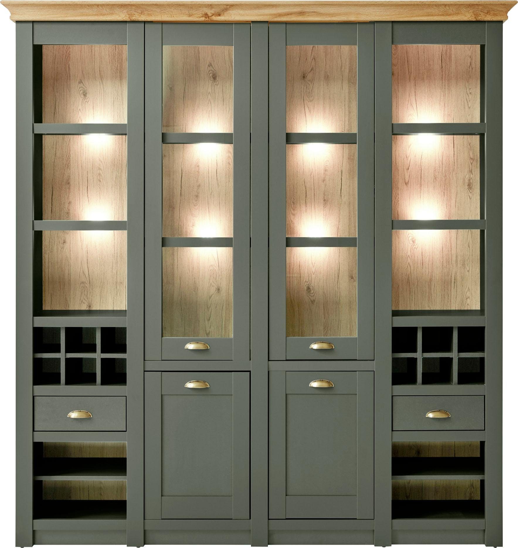 Home affaire Buffet "Cambridge, Hochschrank im Landhausstil, moderner Schrank,Küchenschrank" schöne Kranzoptik, messingfarbene Metallgriffe, 194 cm breit