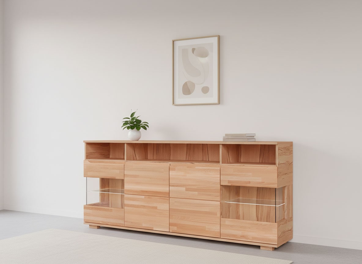 OTTO home Sideboard "VETRO Teilmassiv, Fronten Massivholz, Wohnzimmer, Stauraum,Griffmulde" B/T/H:199/40/85cm, 3 offene Fächer, 6geschlossen Fächer, Stauraum
